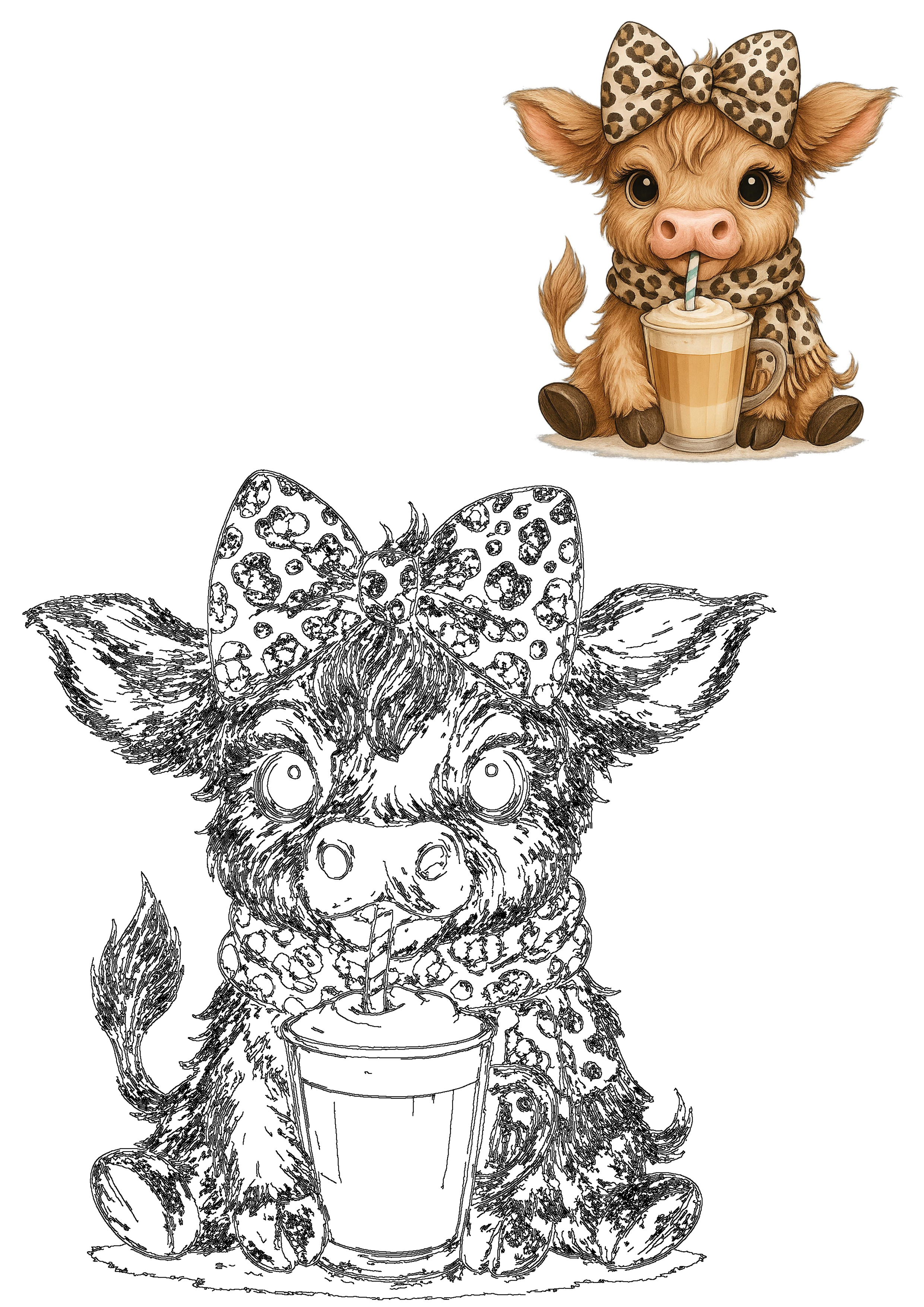 Cute coffee addict highland cow in leopard bow/scarf sips a latte. Mothers Day PNG gift design, includes color and outline versions.