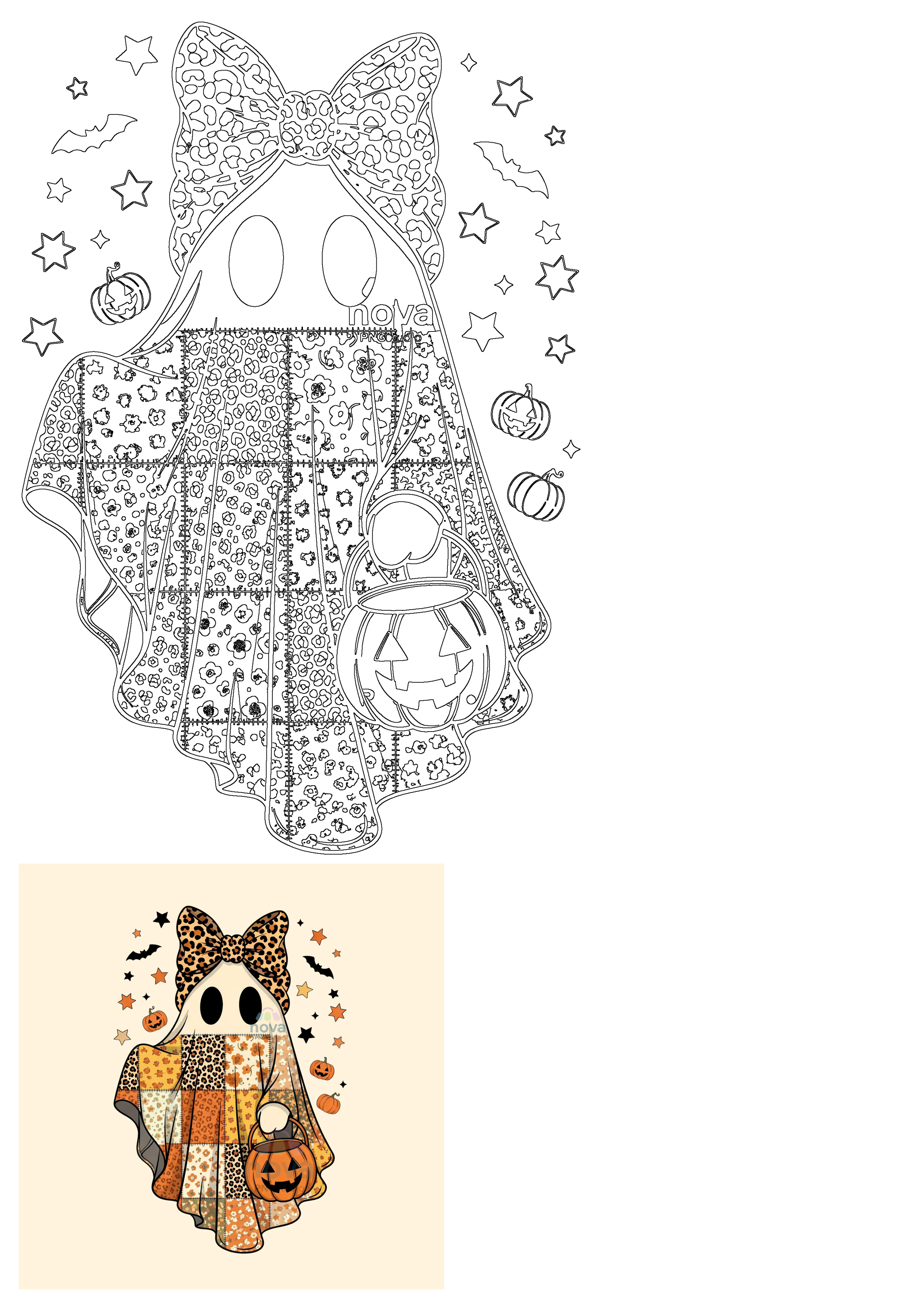 Cartoon Ghost Halloween Pumpkin Patchwork Leopard Bow illustration. A cute spooky character holding a jack-o-lantern.