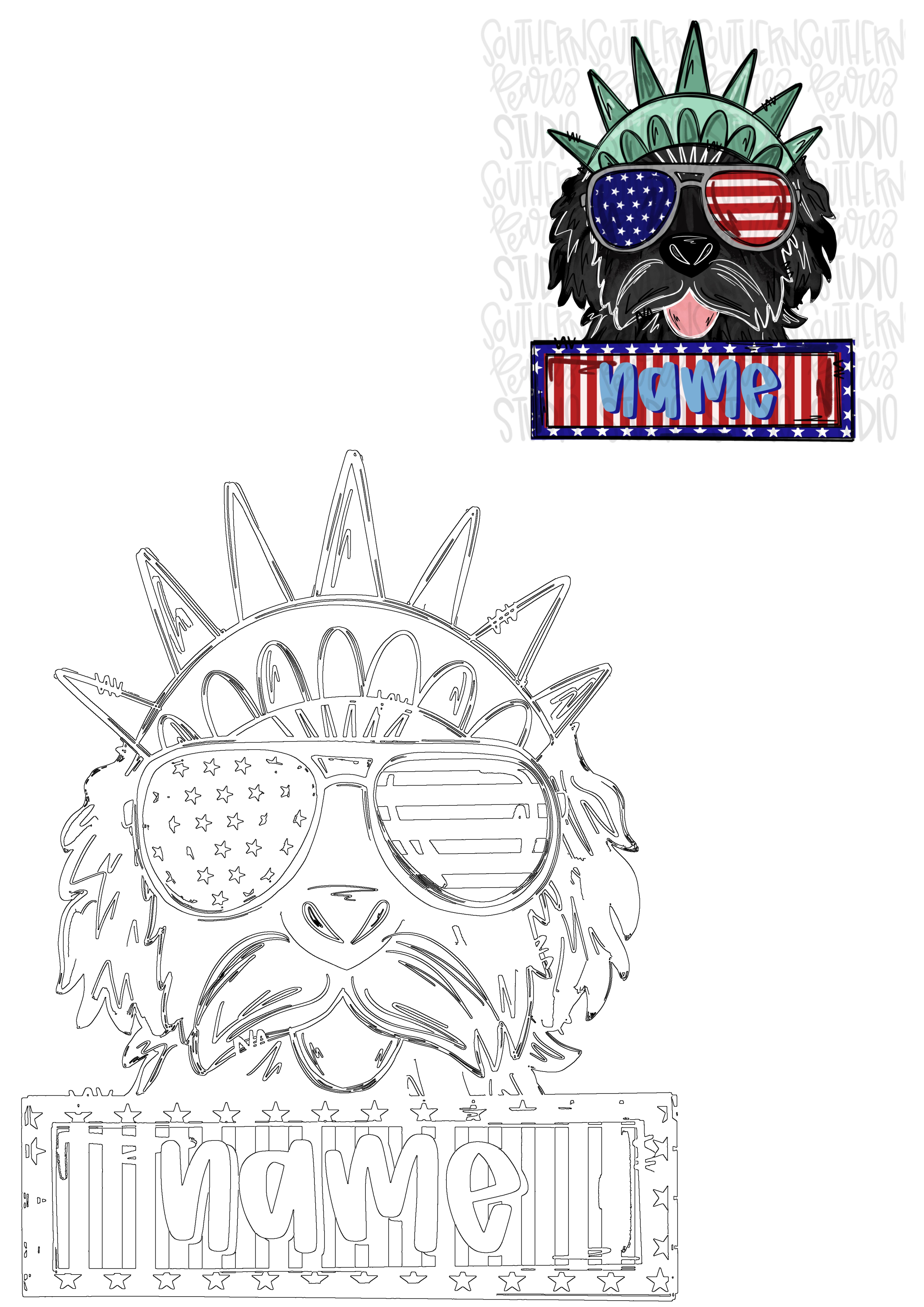 Patriotic black dog wearing a Statue of Liberty crown, American flag sunglasses, and a customizable name banner.