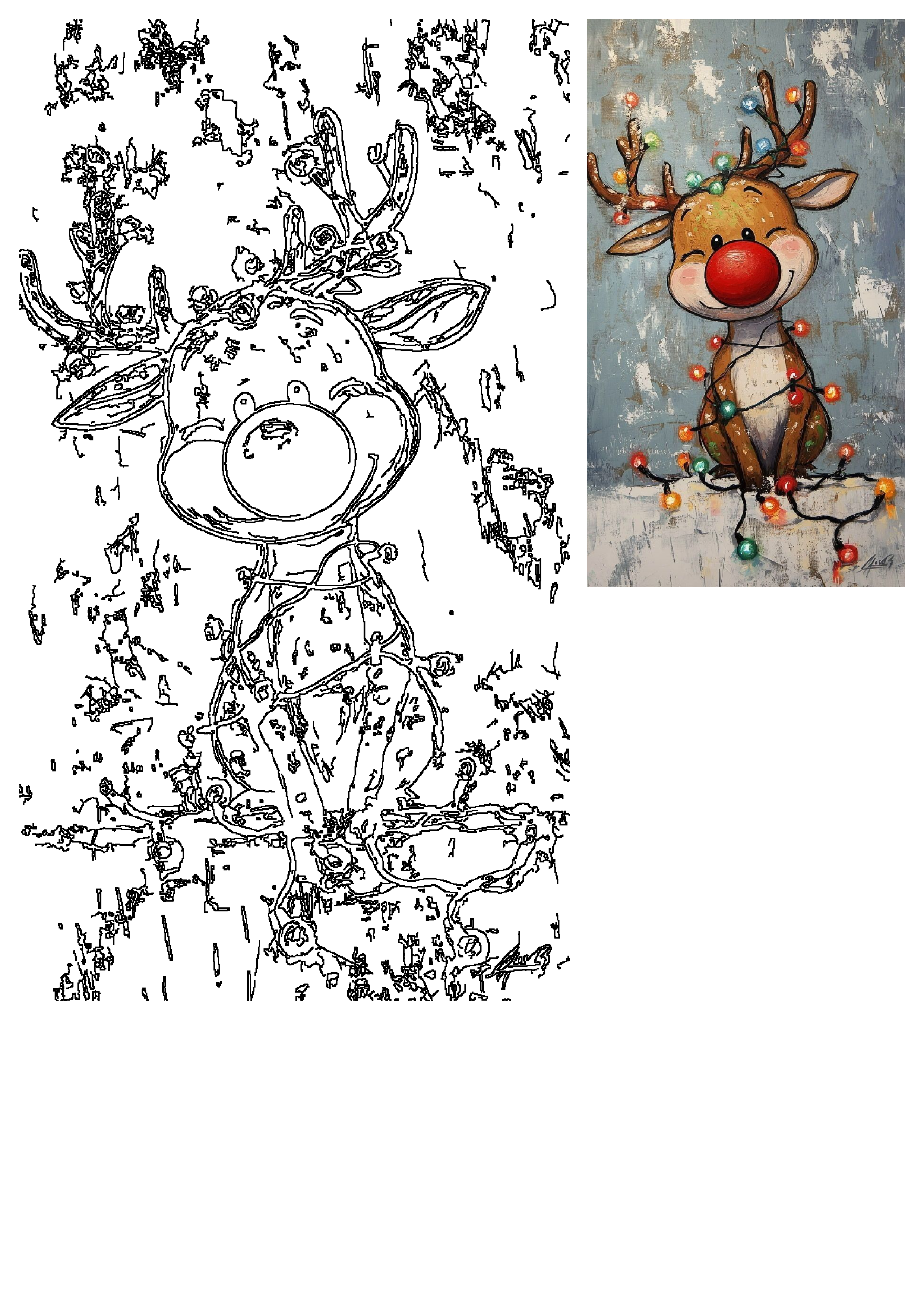 A cute Christmas reindeer with a red nose and colorful lights, depicted as a vibrant painting and a detailed line art drawing.