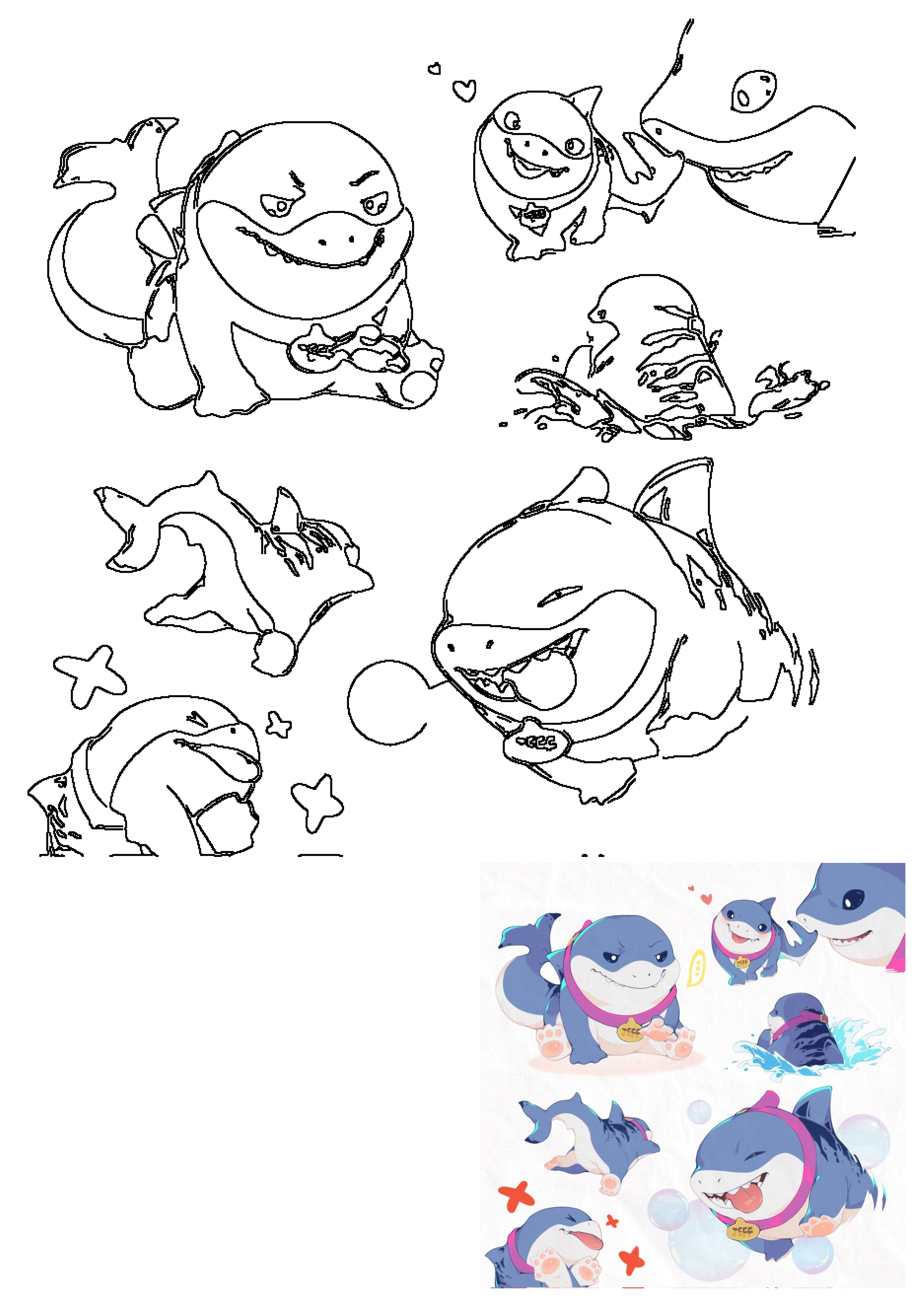Collection of cute shark cartoon drawings showing playful blue sharks in various poses, expressions, and interactions.