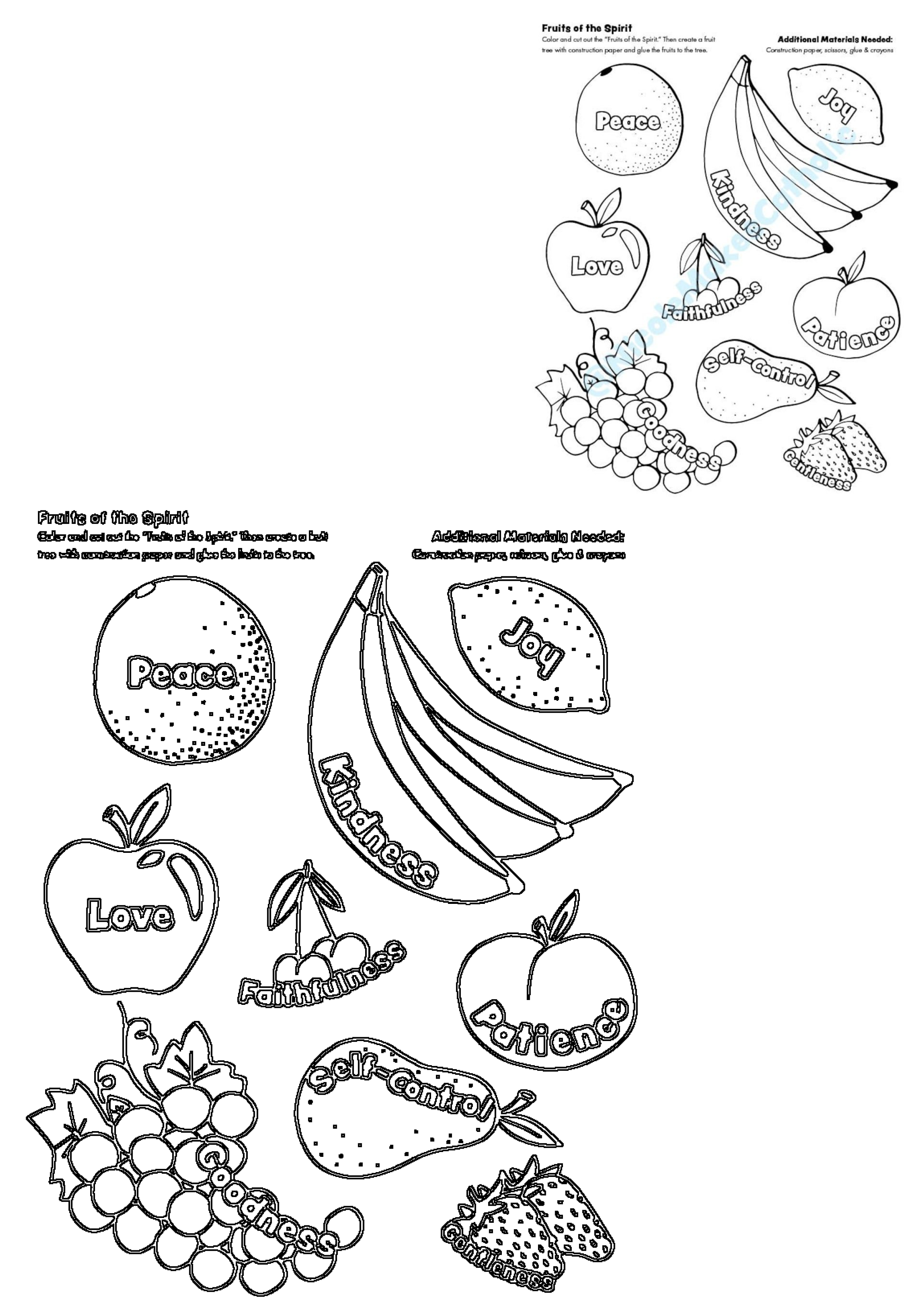 Fruits of the Spirit worksheet. Outlines of fruits (apple, banana) labeled with virtues like Love, Joy, Peace.