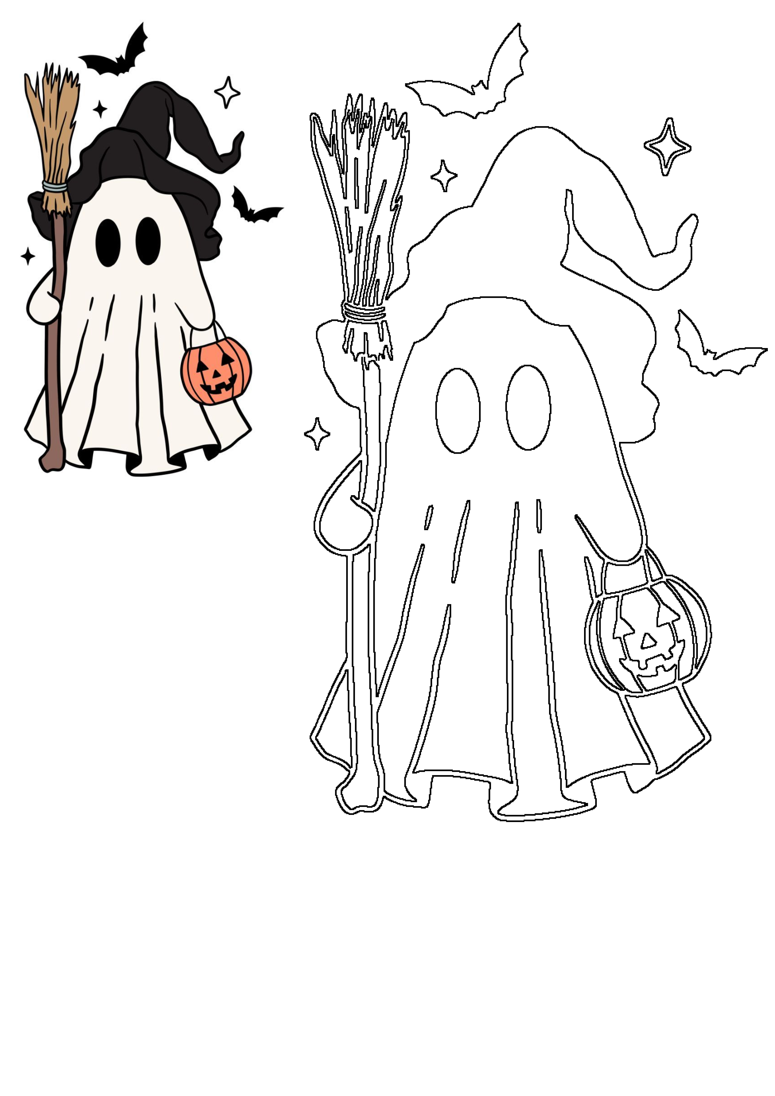 Cute Halloween ghost witch in a hat with broom and pumpkin, presented alongside its outline version for coloring.