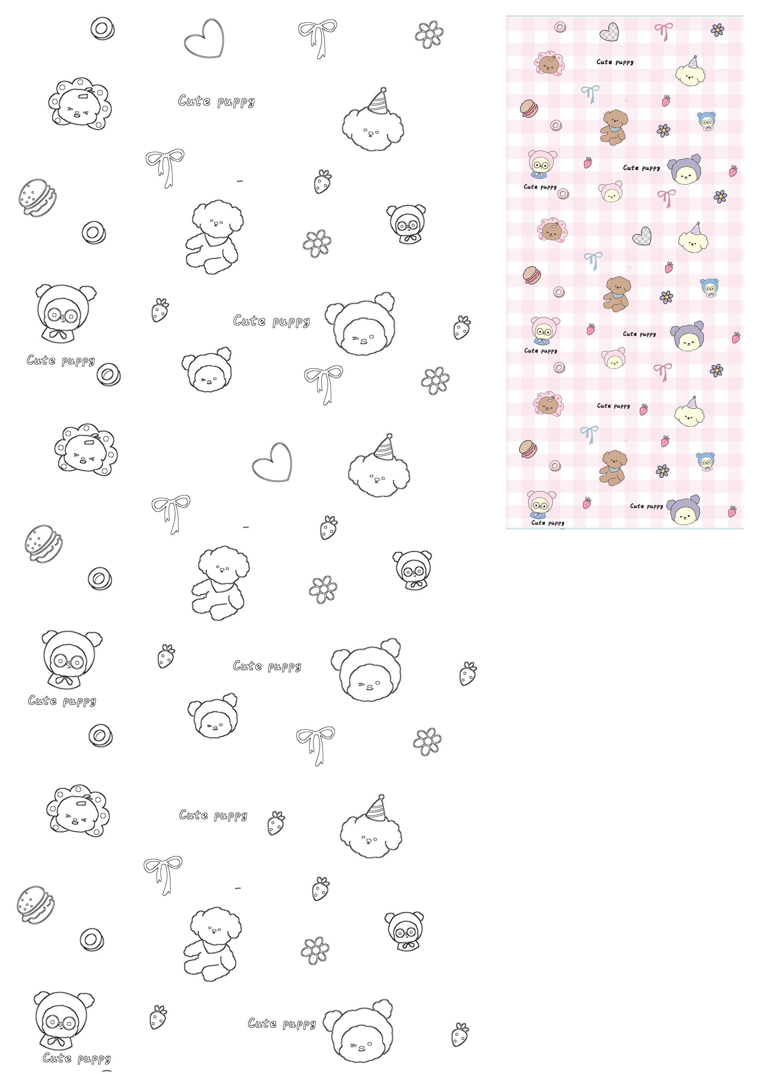 Adorable Stella 2025 wallpaper featuring cute puppies, hearts, bows, flowers, strawberries, and burgers on a pink checkered background.