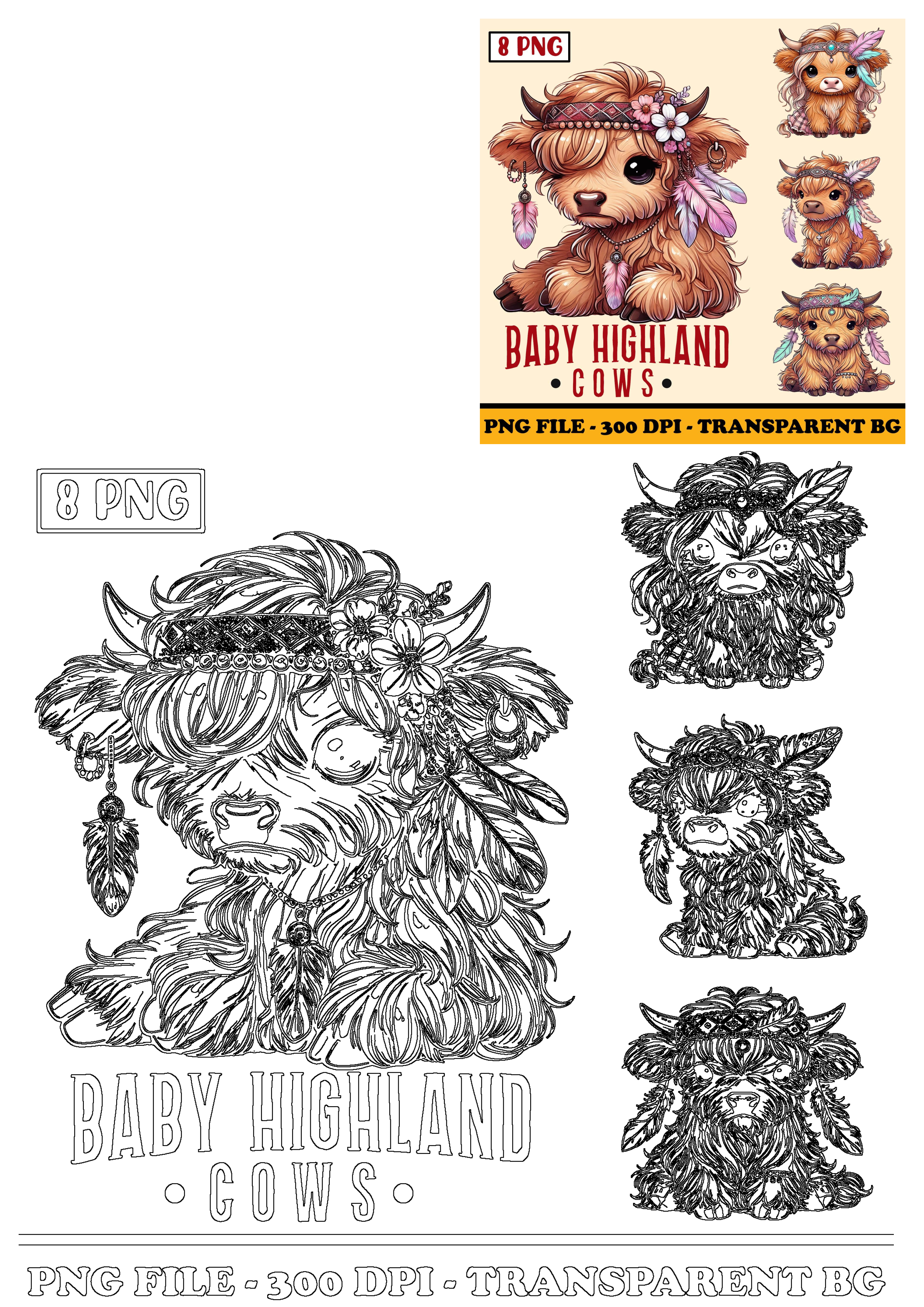A collection of boho baby Highland cow clipart featuring shaggy brown calves, adorned with hippie-style feathers and spring flowers.