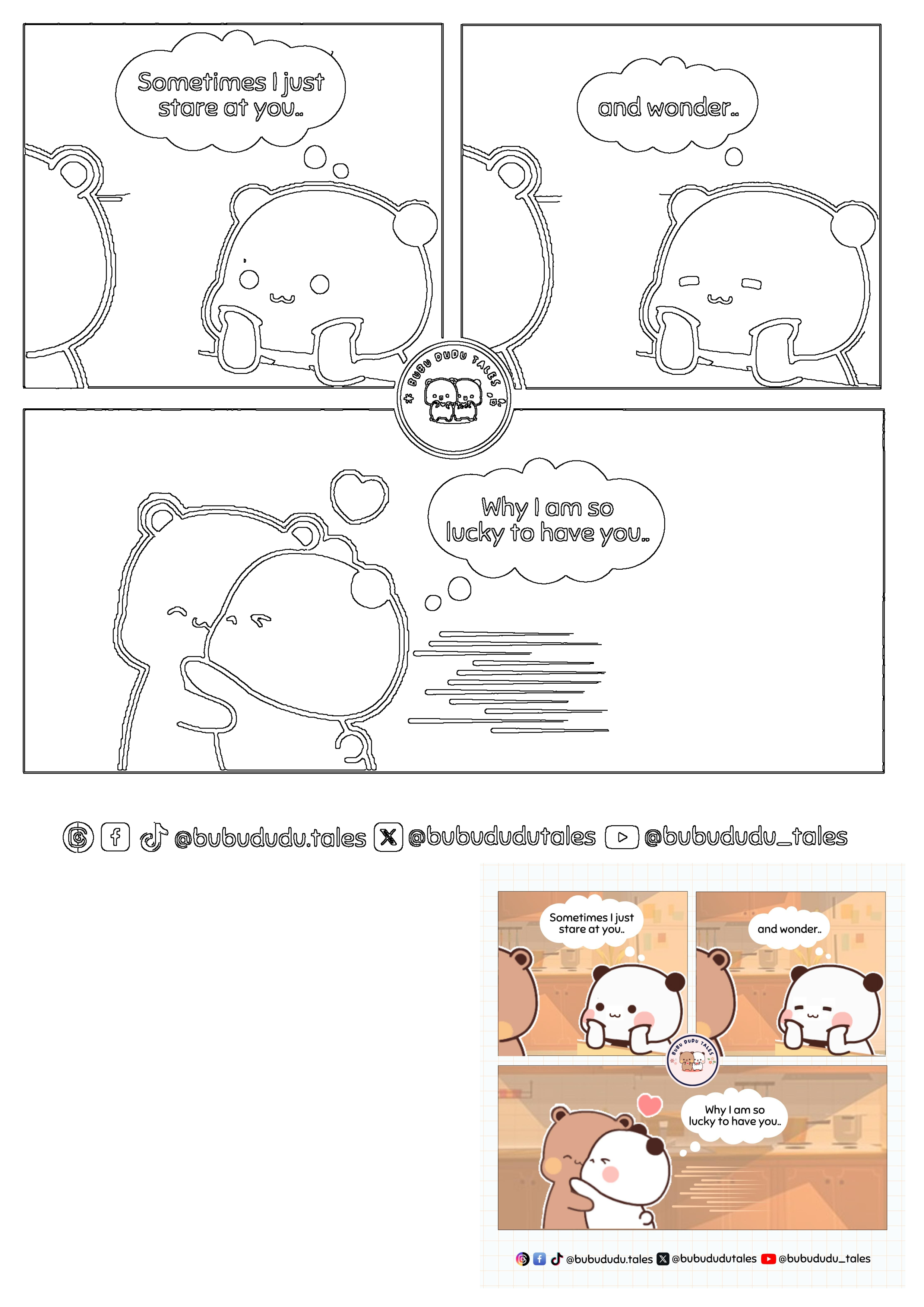 Bubu Dudu Tales Lucky Love Cartoon Bears comic strip: Dudu reflects on being lucky to have Bubu, followed by an affectionate hug.