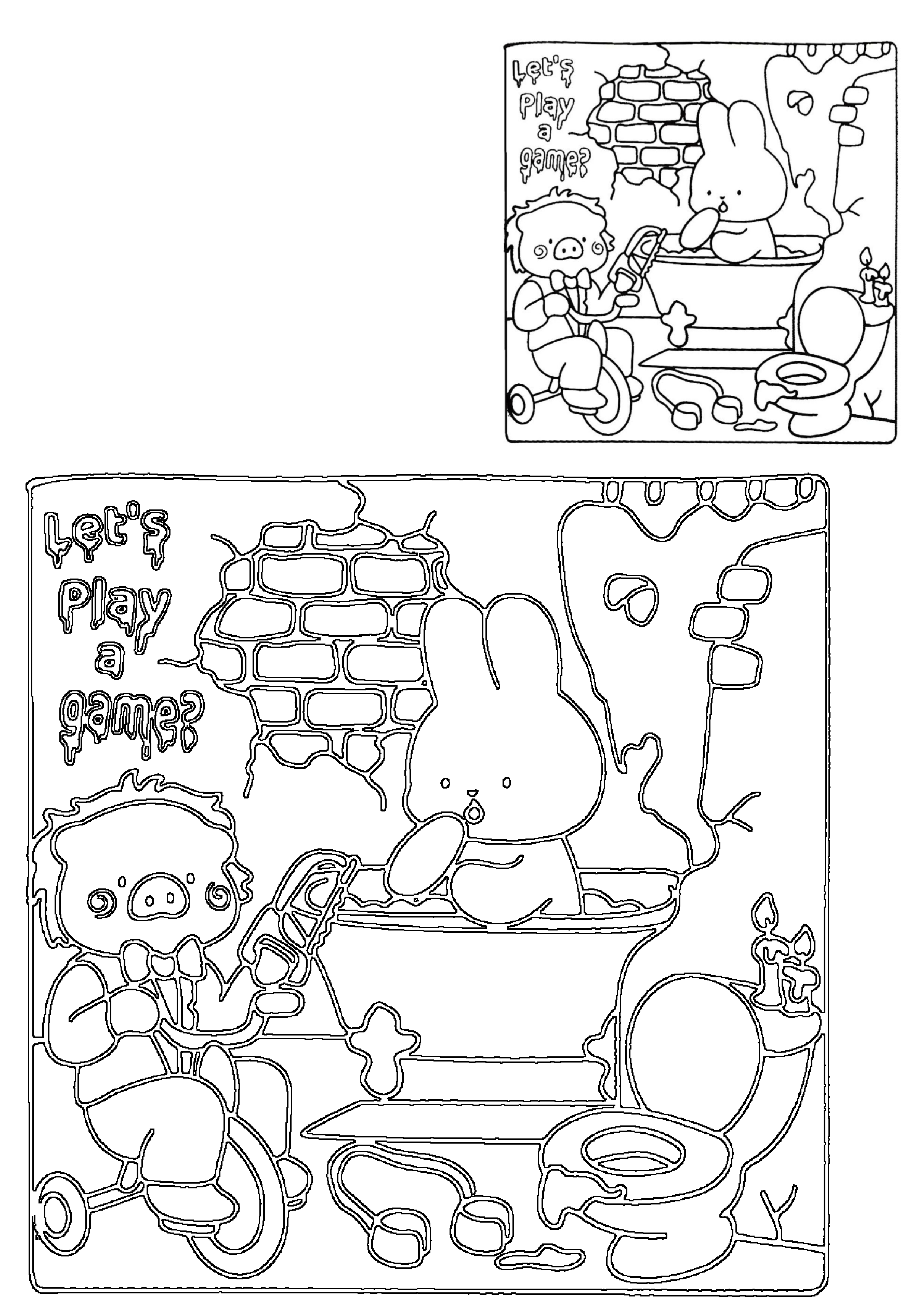 Whimsical line art featuring a pig with a device and a rabbit in a bathtub, surrounded by brick walls and pipes, asking 'Let's play a game?'