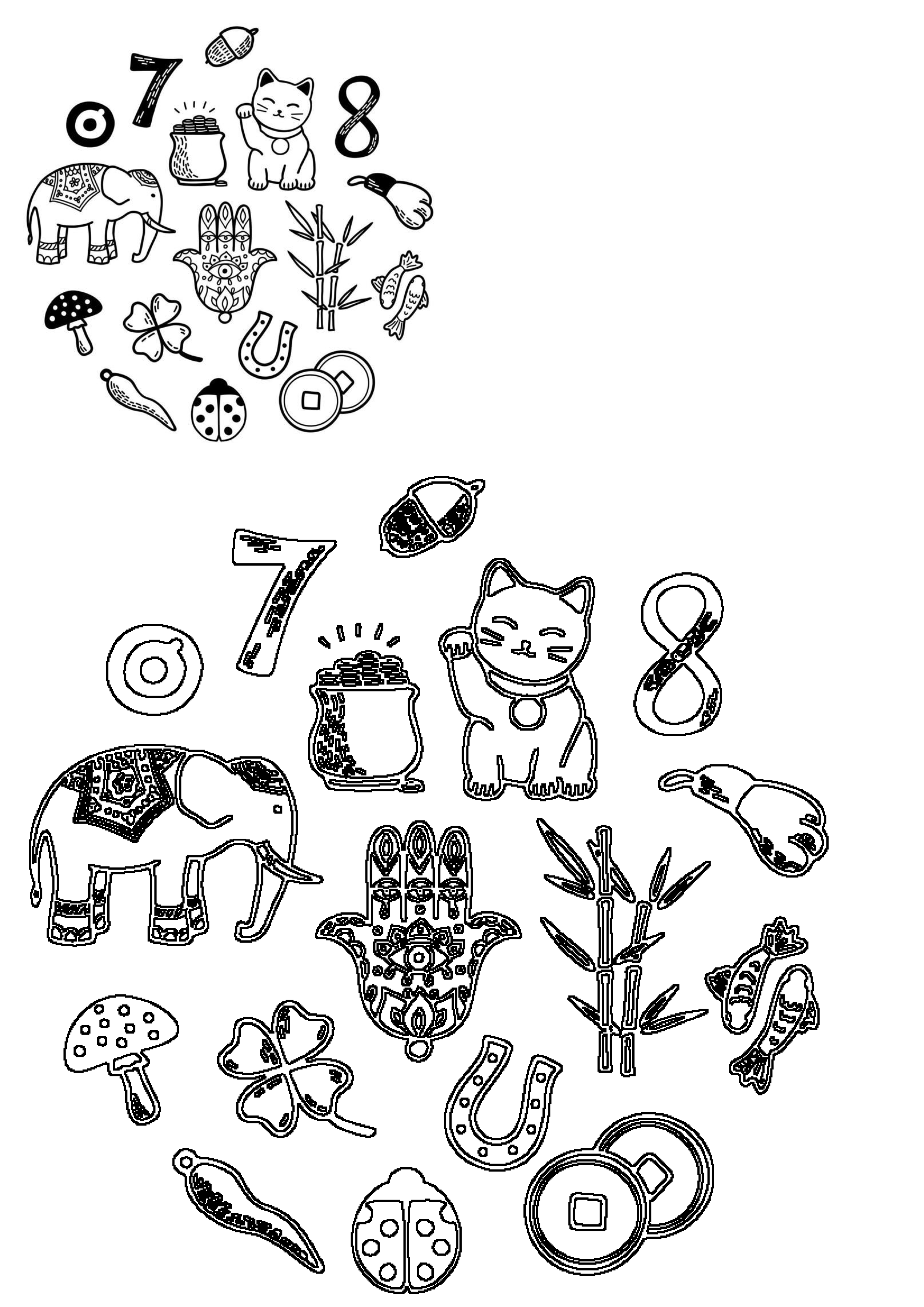 Good luck fortune symbols doodle featuring Maneki-neko, elephant, hamsa hand, clover, horseshoe, and other talismans & charms.