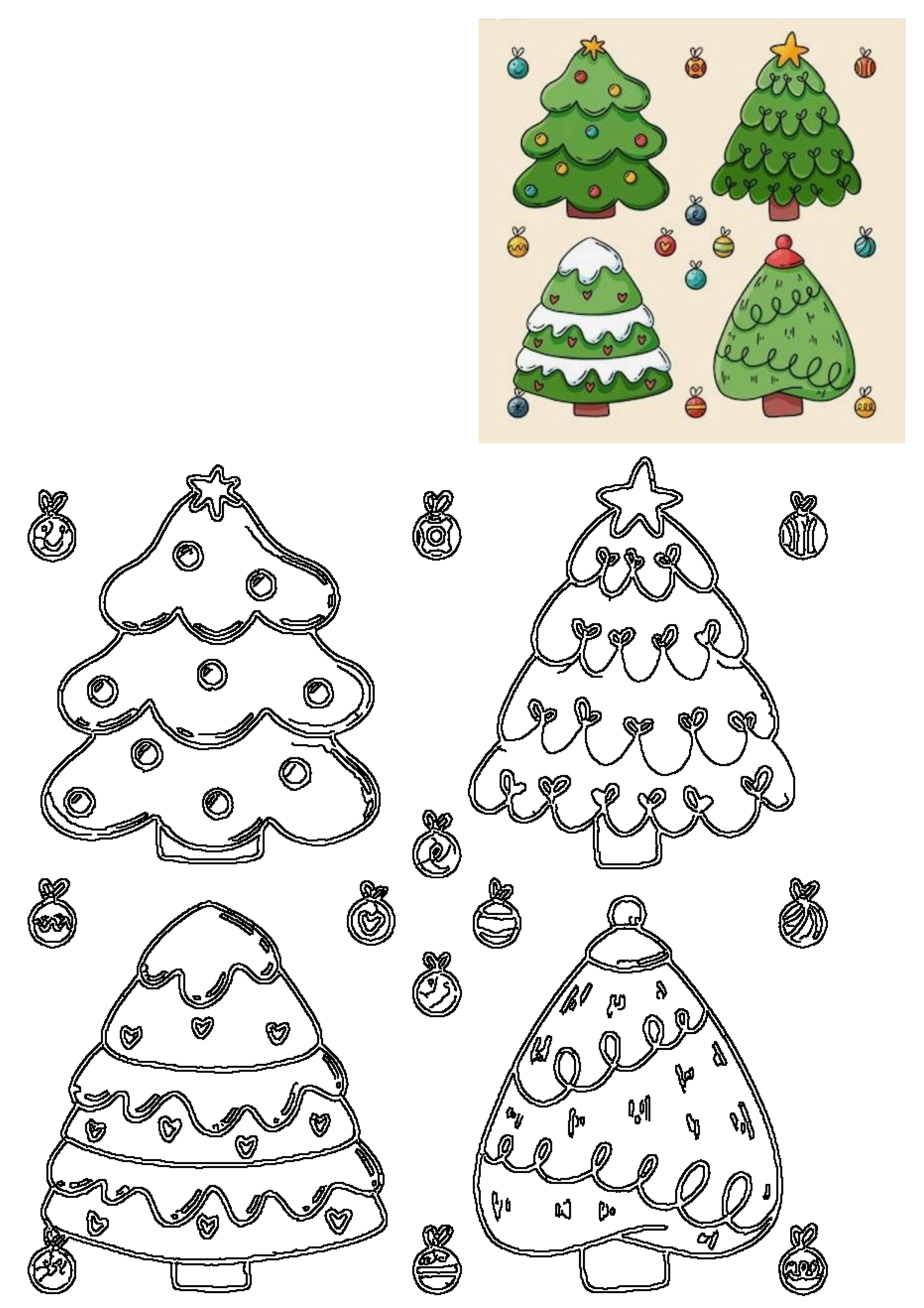 Festive collection of cartoon Christmas trees, including colorful decorated versions and black outlines for a fun holiday coloring activity.