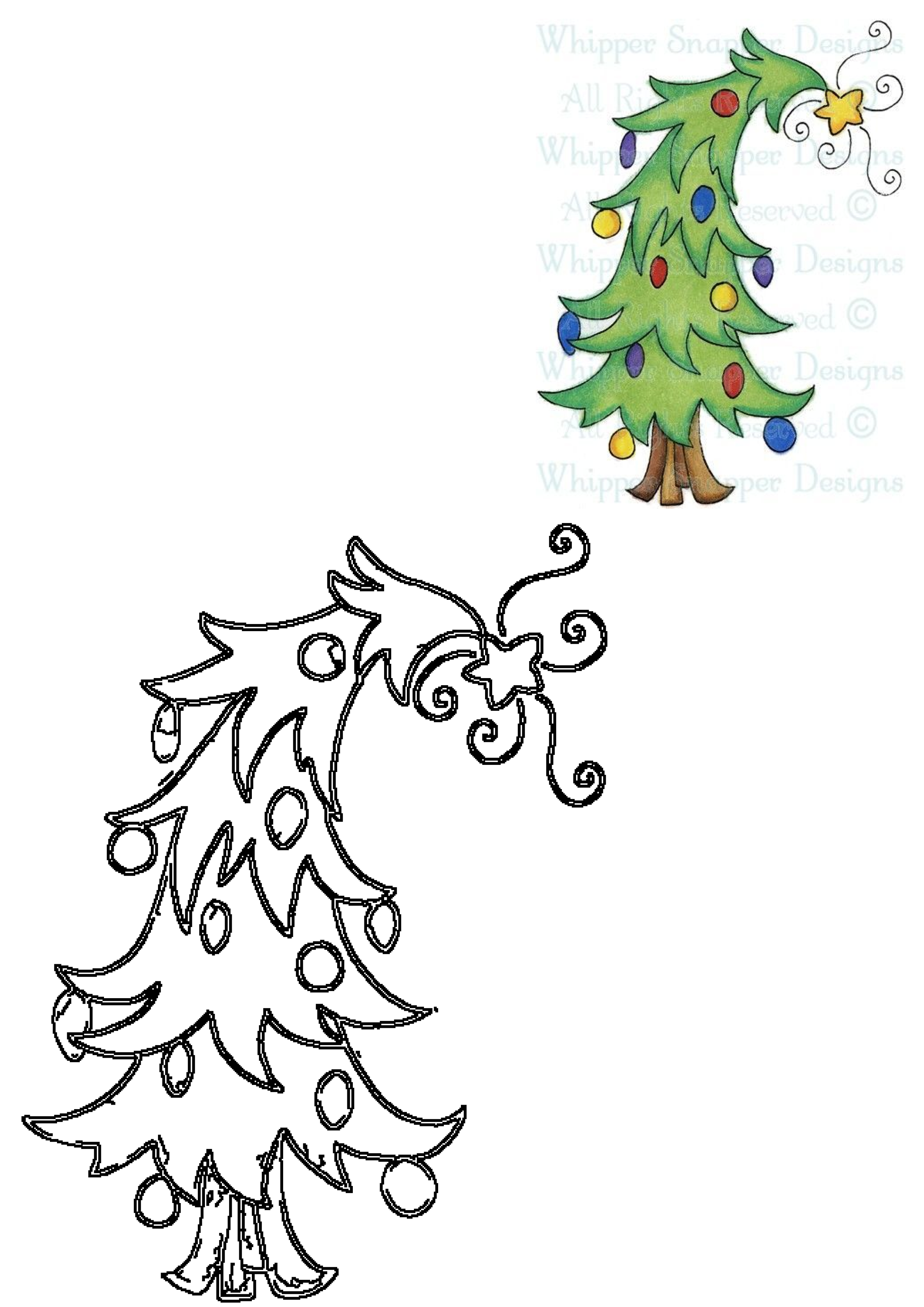 Whimsical Christmas tree with colorful ornaments, a star, and curly accents. Includes a vibrant colored version and a black outline.