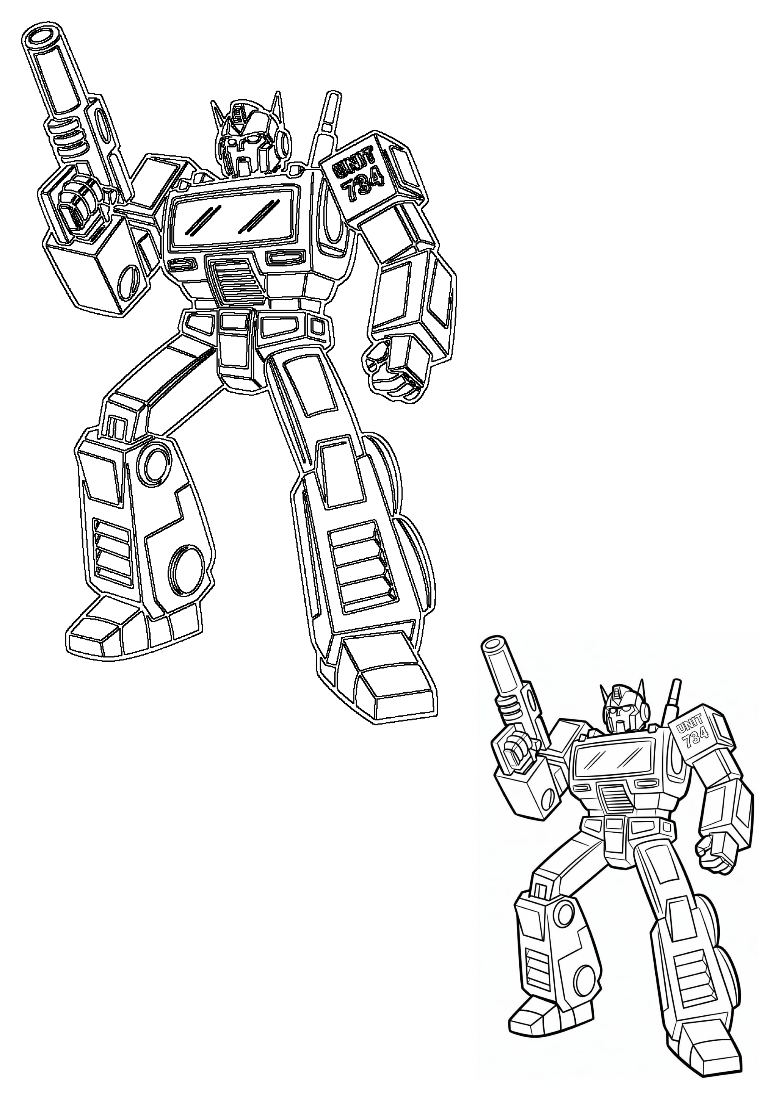 Line art of an Optron robot, reminiscent of a classic transforming toy, holding a blaster. Features 'UNIT 734' on its shoulder.