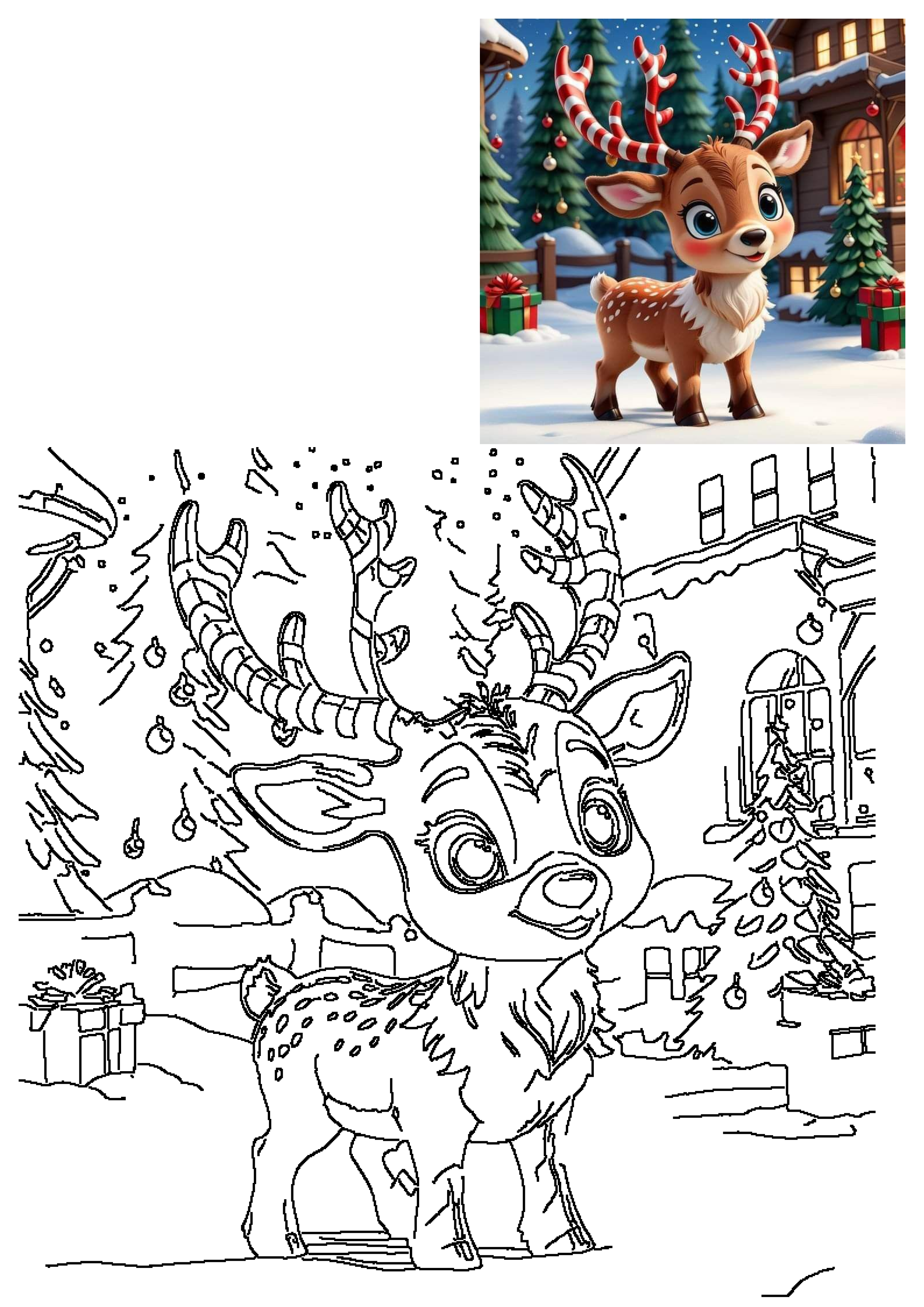 Adorable cartoon reindeer with candy cane antlers smiling in a snowy Christmas village, with a black and white outline for kids.