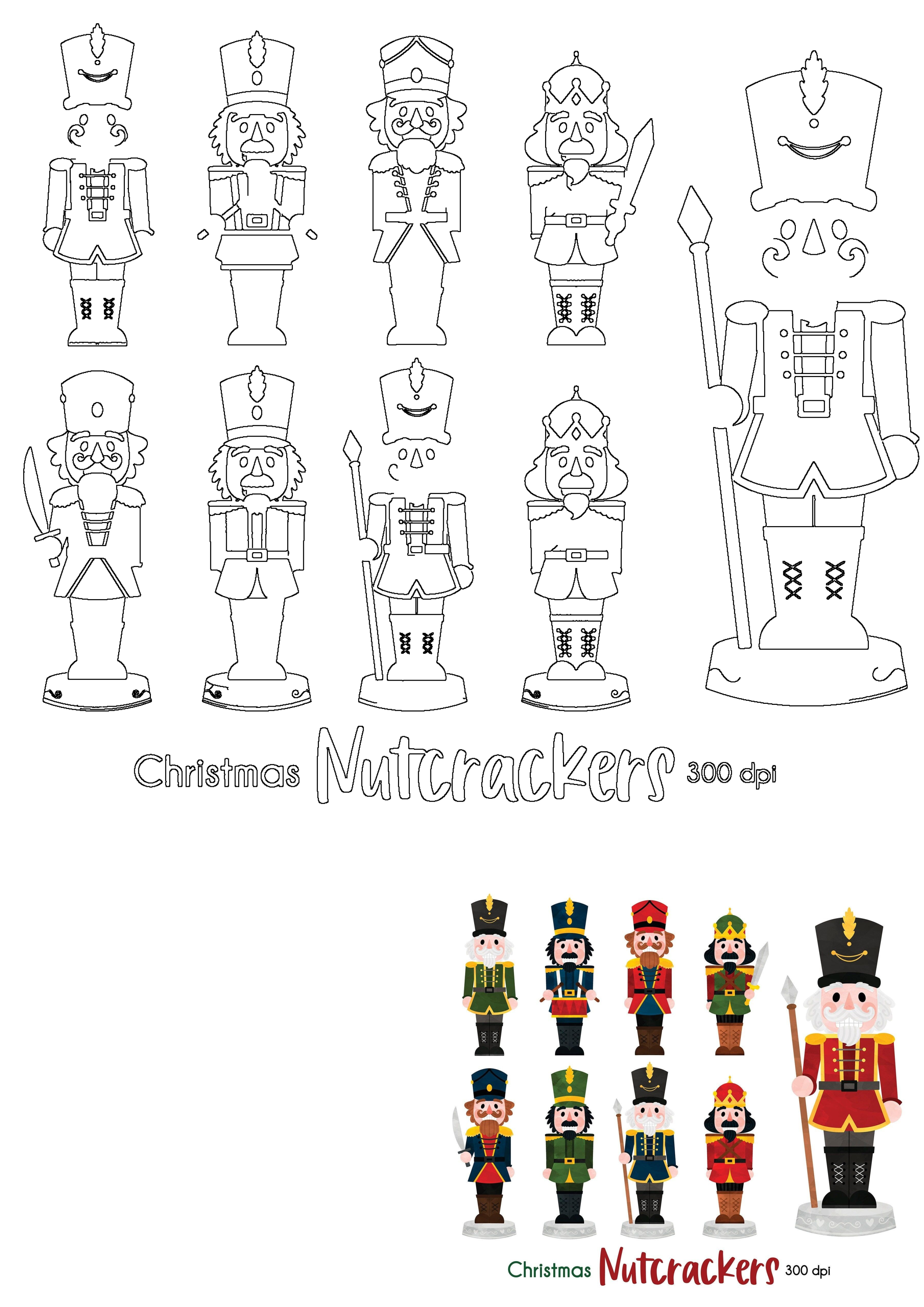 A vibrant collection of Christmas nutcracker designs, featuring both intricate outlines and beautifully colored illustrations for festive projects.