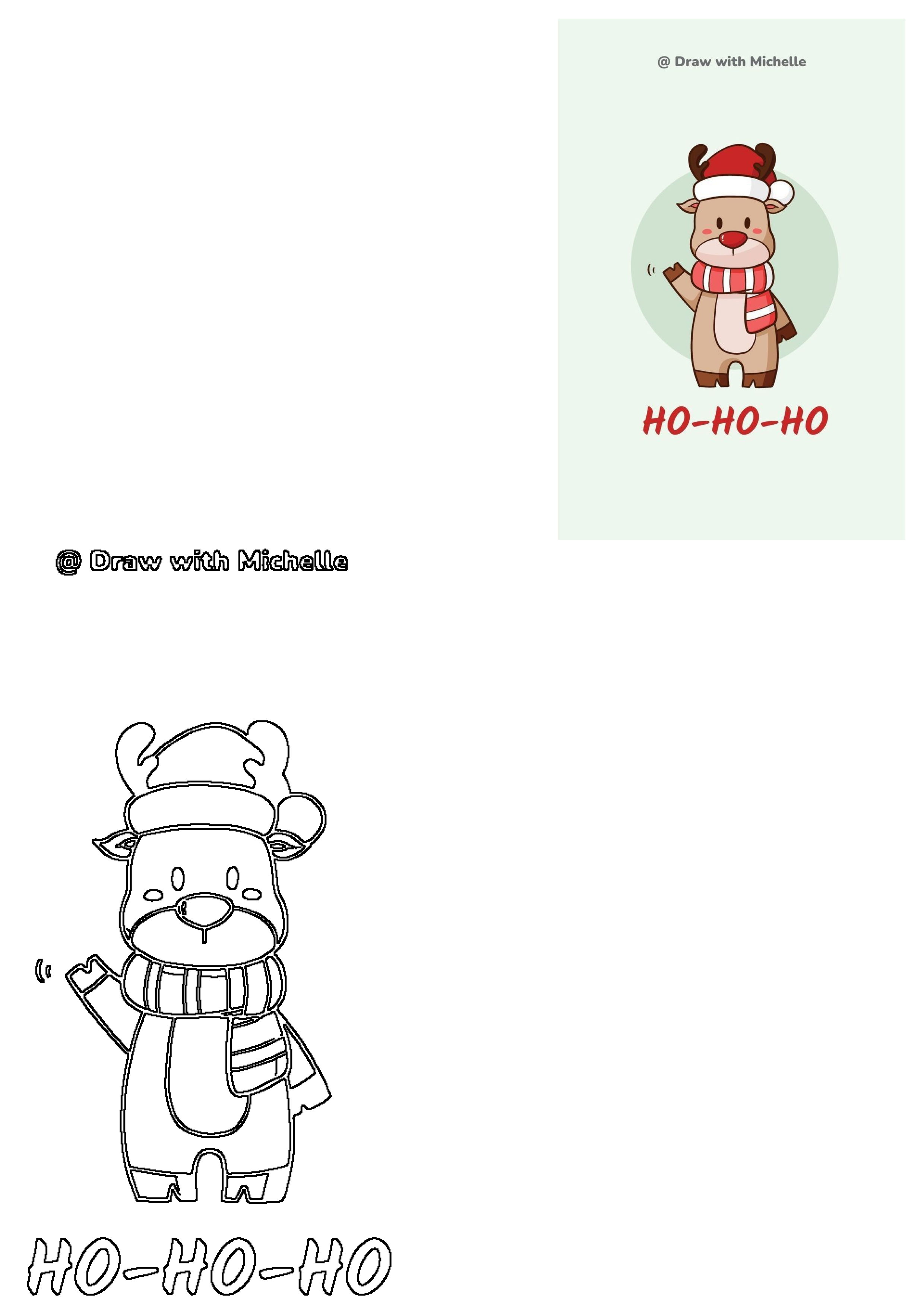 A festive Christmas reindeer drawing features a cute character with a Santa hat, red striped scarf, and 'HO-HO-HO' text, alongside its outline version.