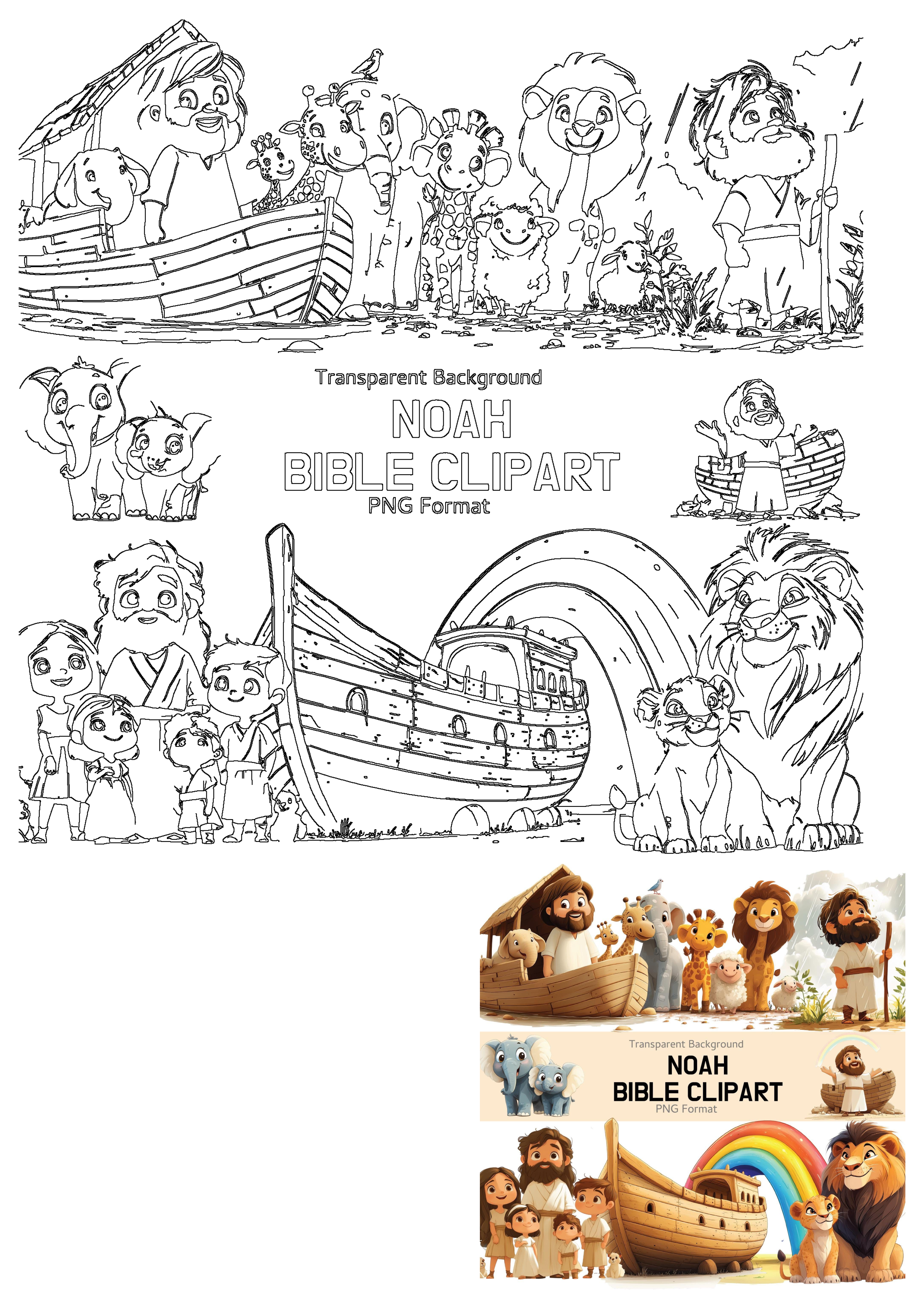 A collection of Noah's Ark Bible clipart, featuring cartoon Noah, the ark, pairs of various animals like elephants, giraffes, lions, and a rainbow.