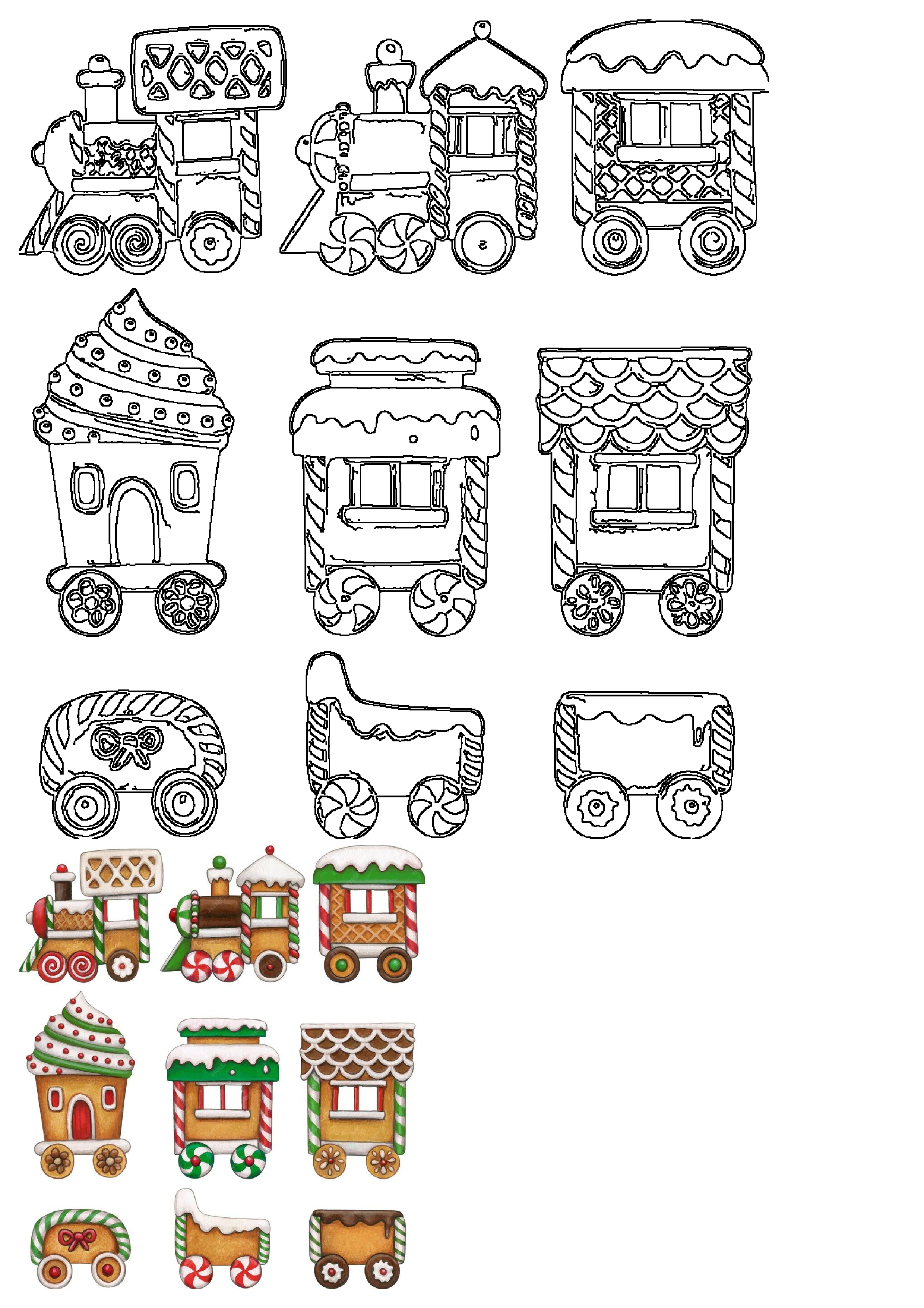 Festive gingerbread Christmas train illustrations featuring engines and cars with candy and frosting details. Includes both outlines and vibrant colored versions.