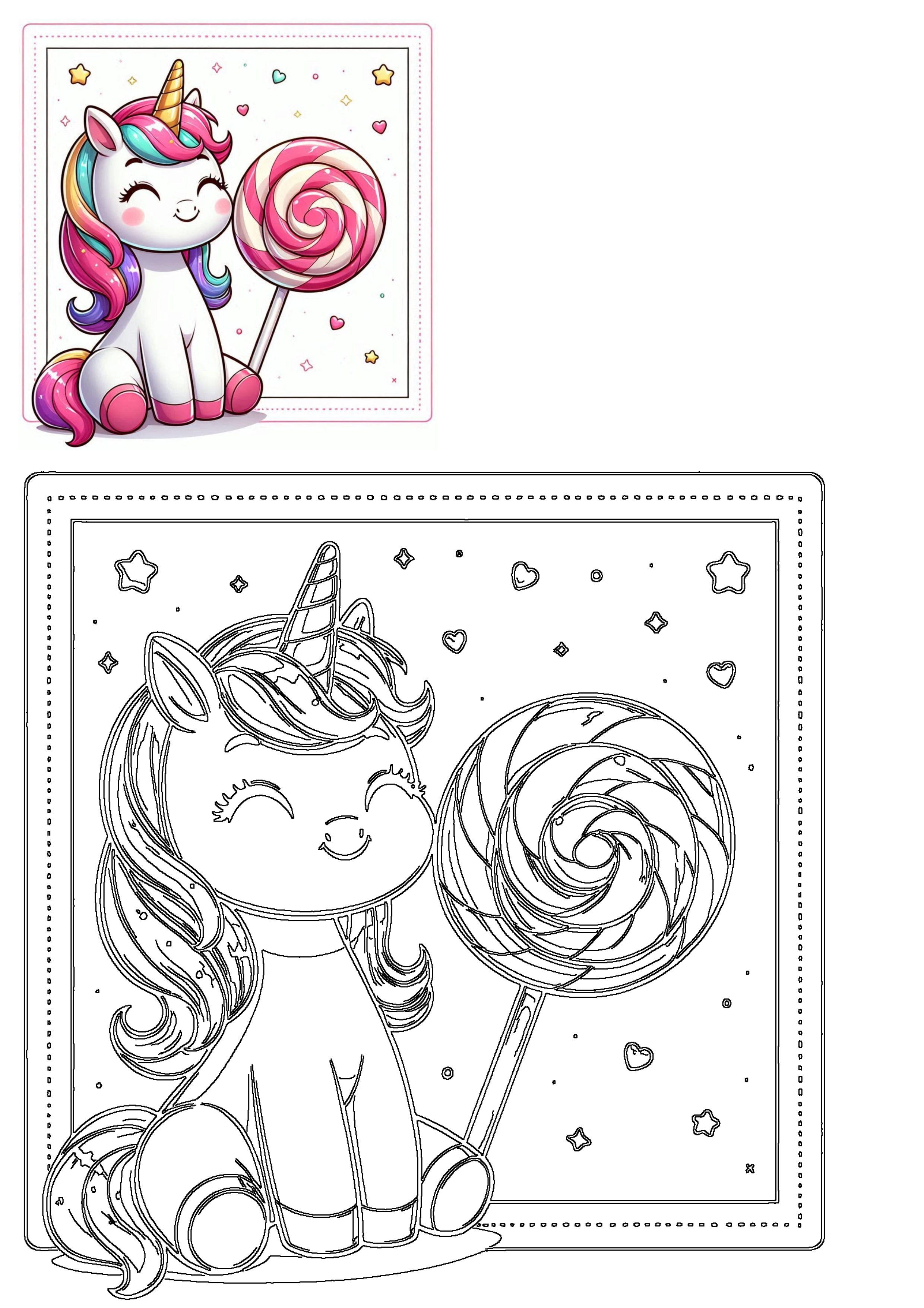 Charming unicorn with rainbow mane, holding a pink lollipop. Includes both a bright illustration and its corresponding outline design.