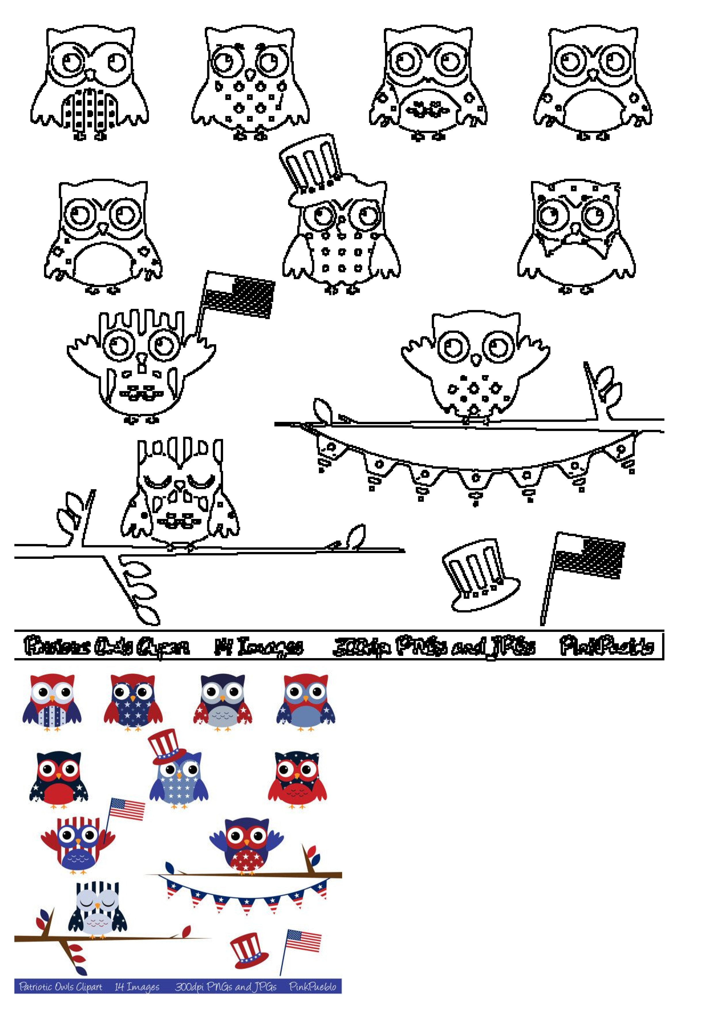 Patriotic owl digital stamps and clip art outlines. Features B&W and colored owls with US flag designs, hats, and bunting.
