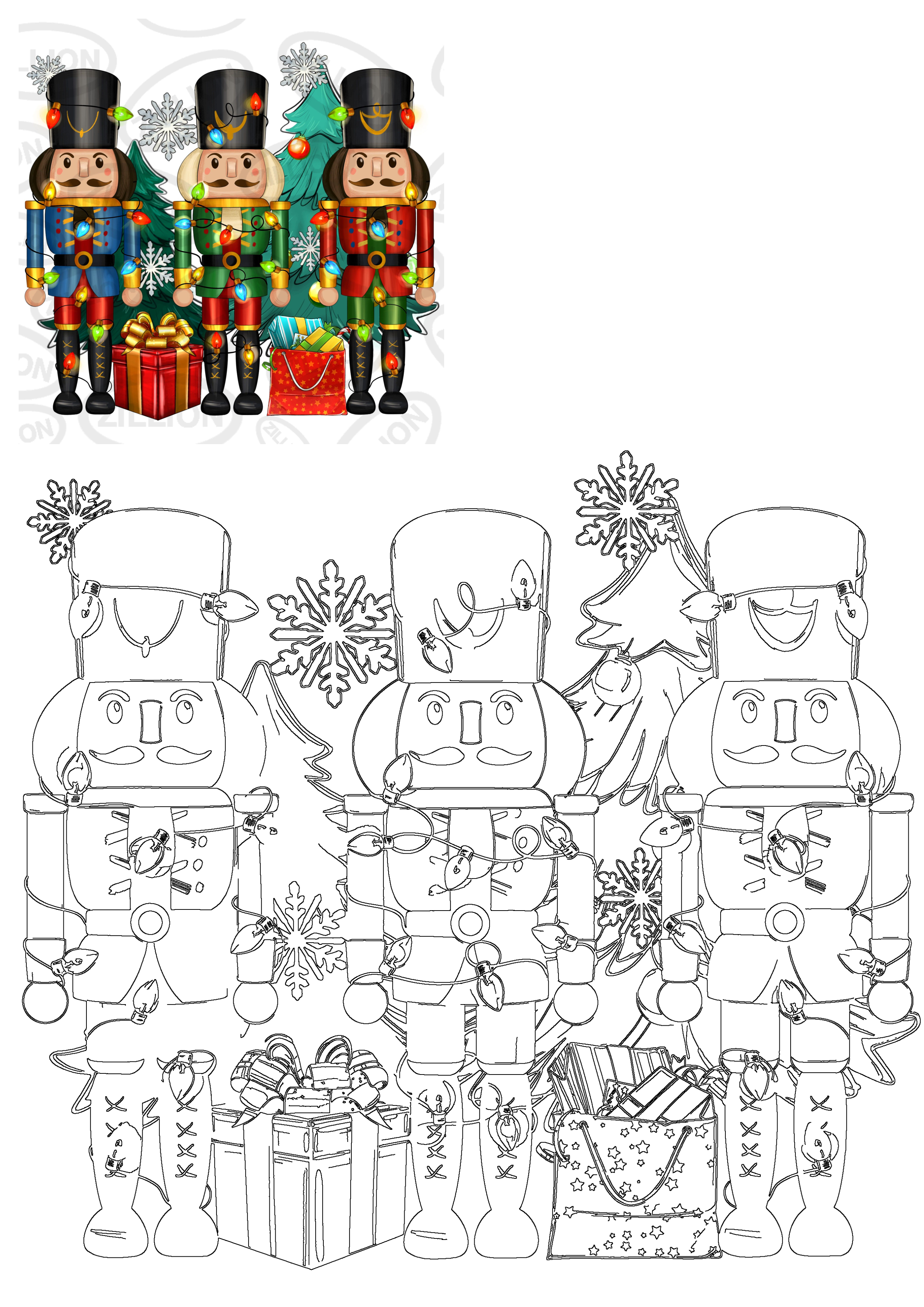 Three holiday nutcracker soldiers in blue, green, and red uniforms, adorned with Christmas lights, gifts, and trees in color and line art.