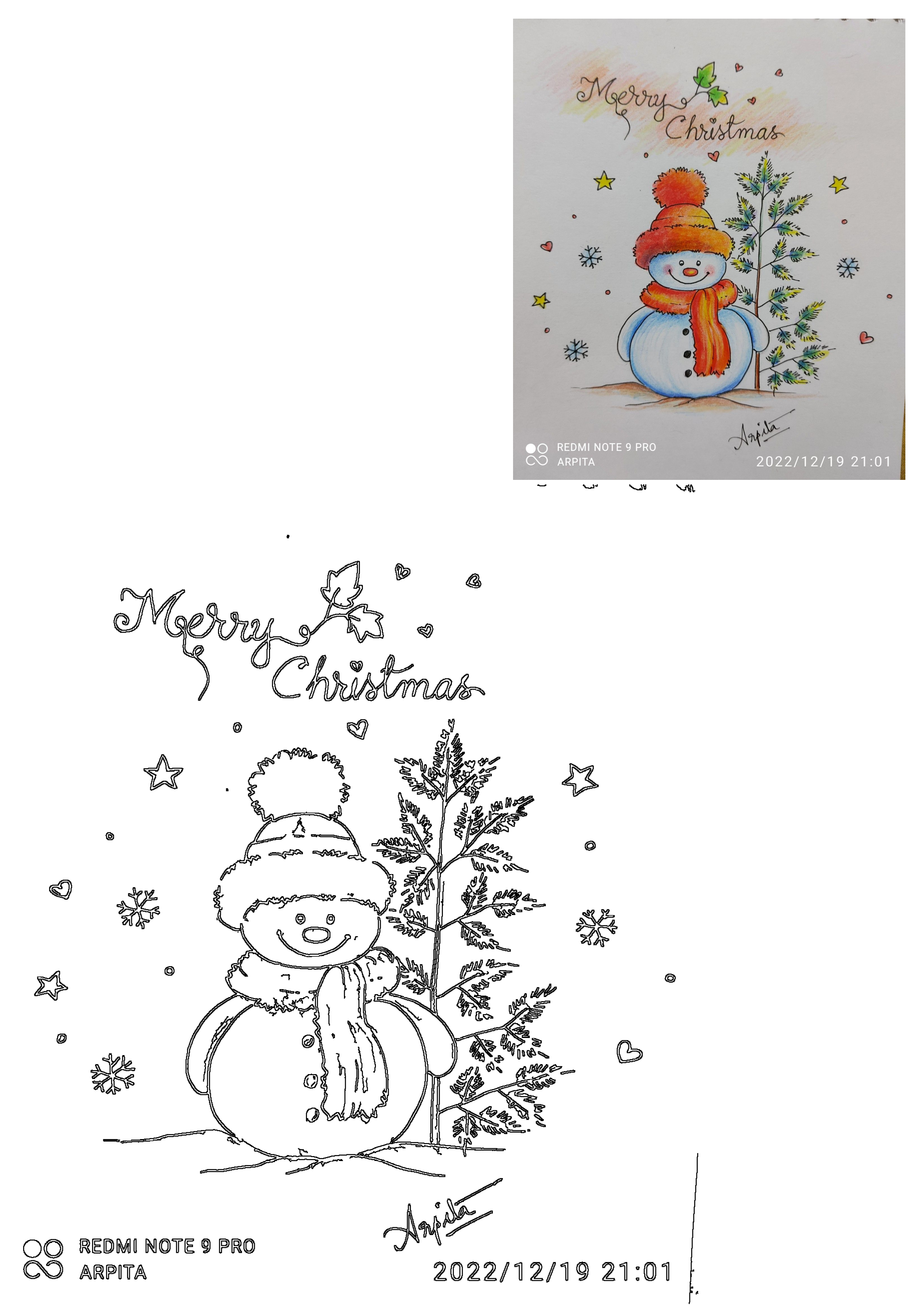 Cheerful Christmas snowman illustration. Happy snowman in orange hat, scarf, festive tree, stars, snowflakes, 'Merry Christmas' text.