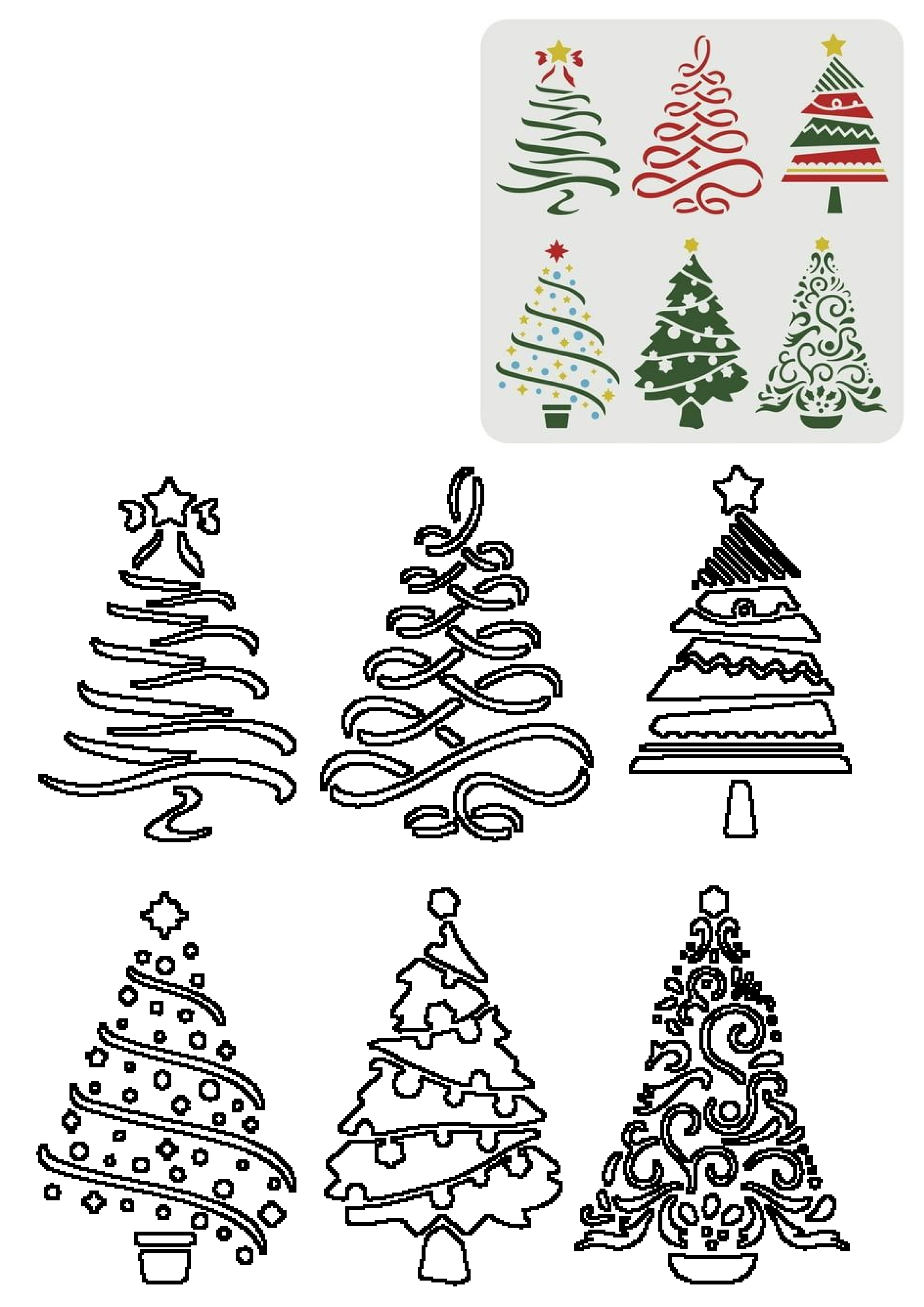 Collection of six stylized Christmas tree designs, featuring colorful examples and black outline templates for holiday crafts and decorations.