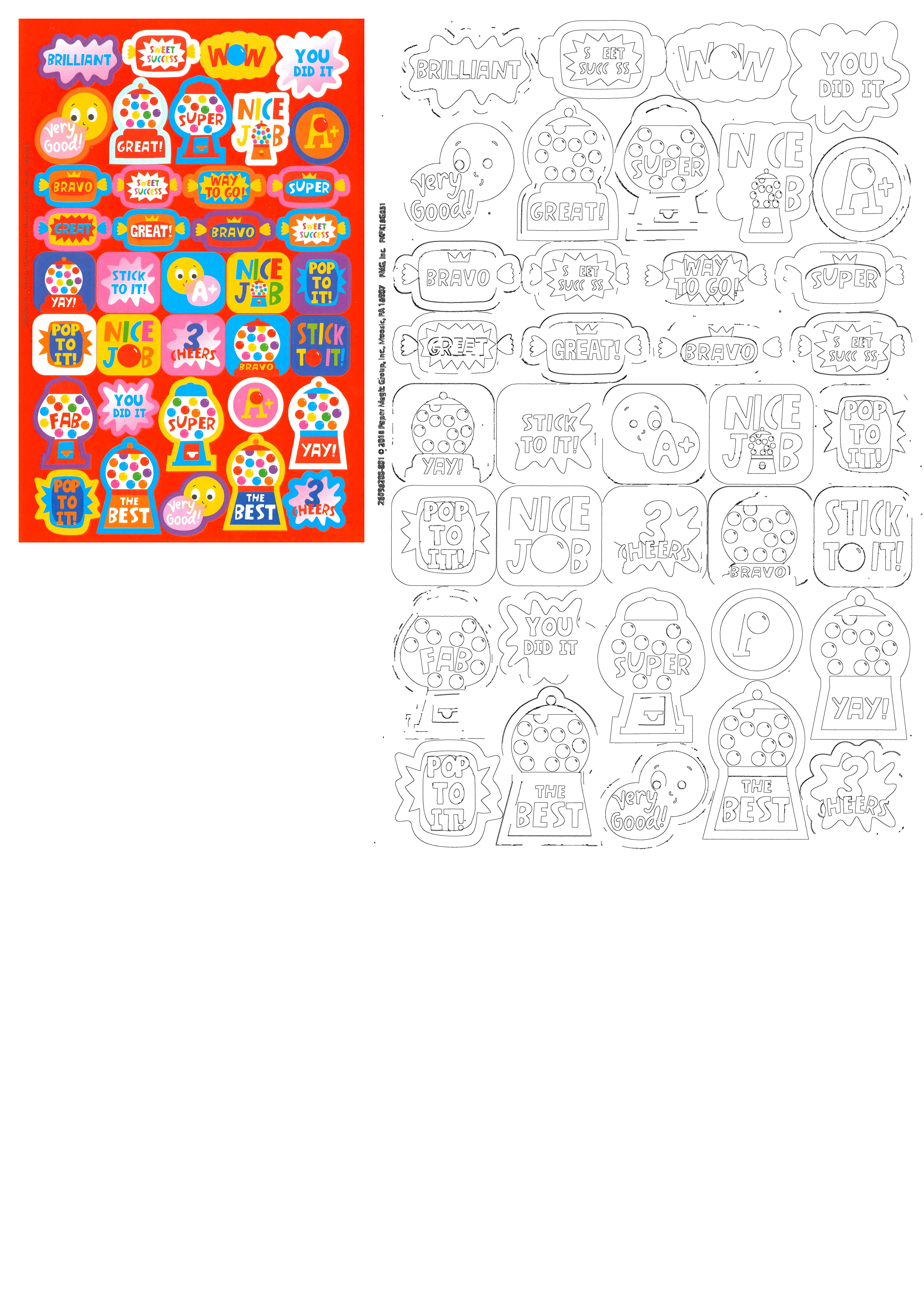 Colorful bubble gum themed positive feedback reward stickers sheet with gumball machines, encouraging phrases, and outlines.