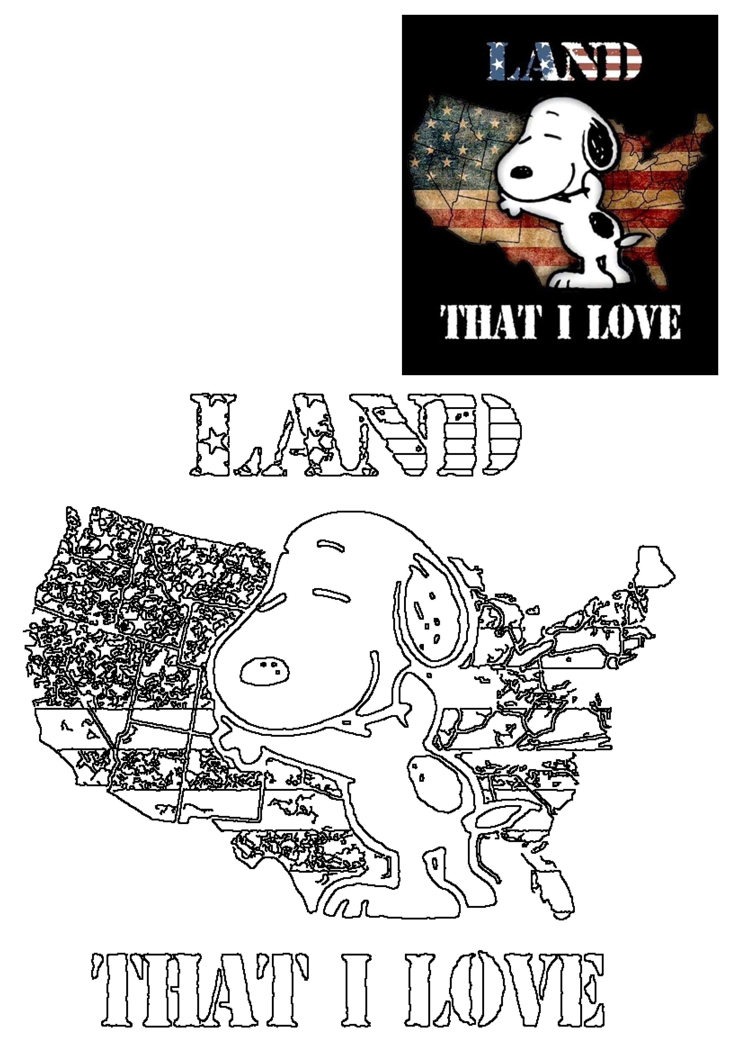 Snoopy, the beloved Peanuts character, patriotically embraces a distressed US flag map, with 'LAND THAT I LOVE' text, offered as a graphic design and an outline for coloring.