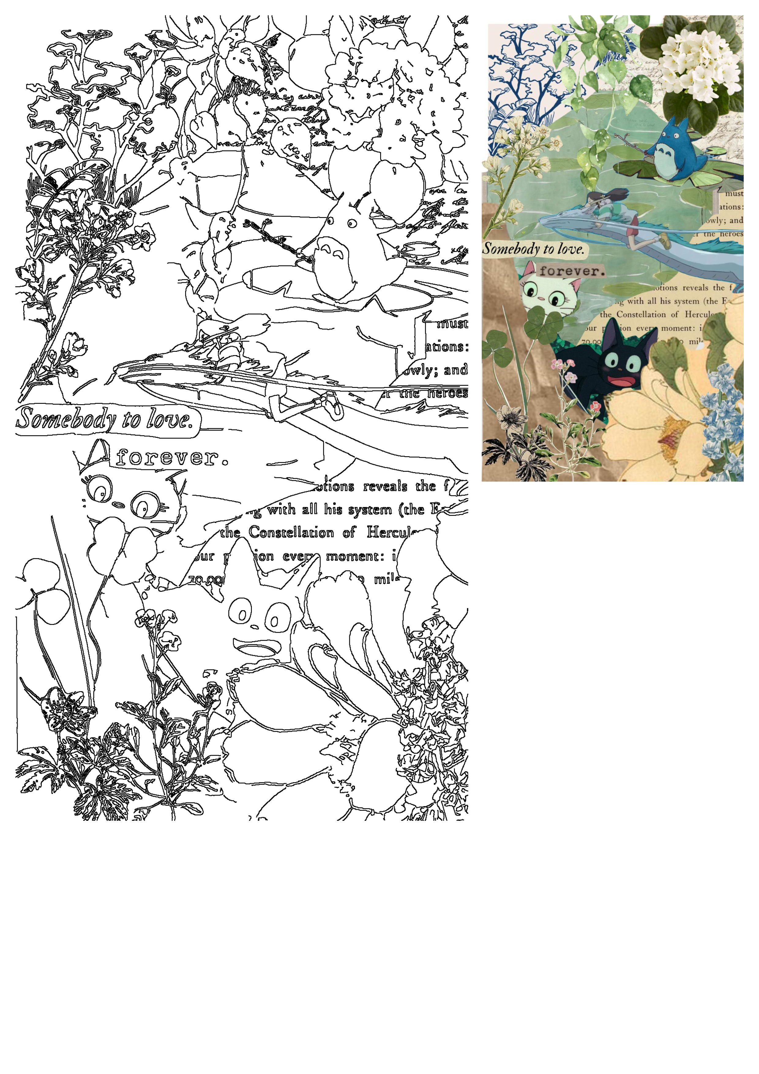 Cute Studio Ghibli collage wallpaper with Totoro, Chihiro, and Jiji. Blends beloved anime art with charming floral and botanical background elements.