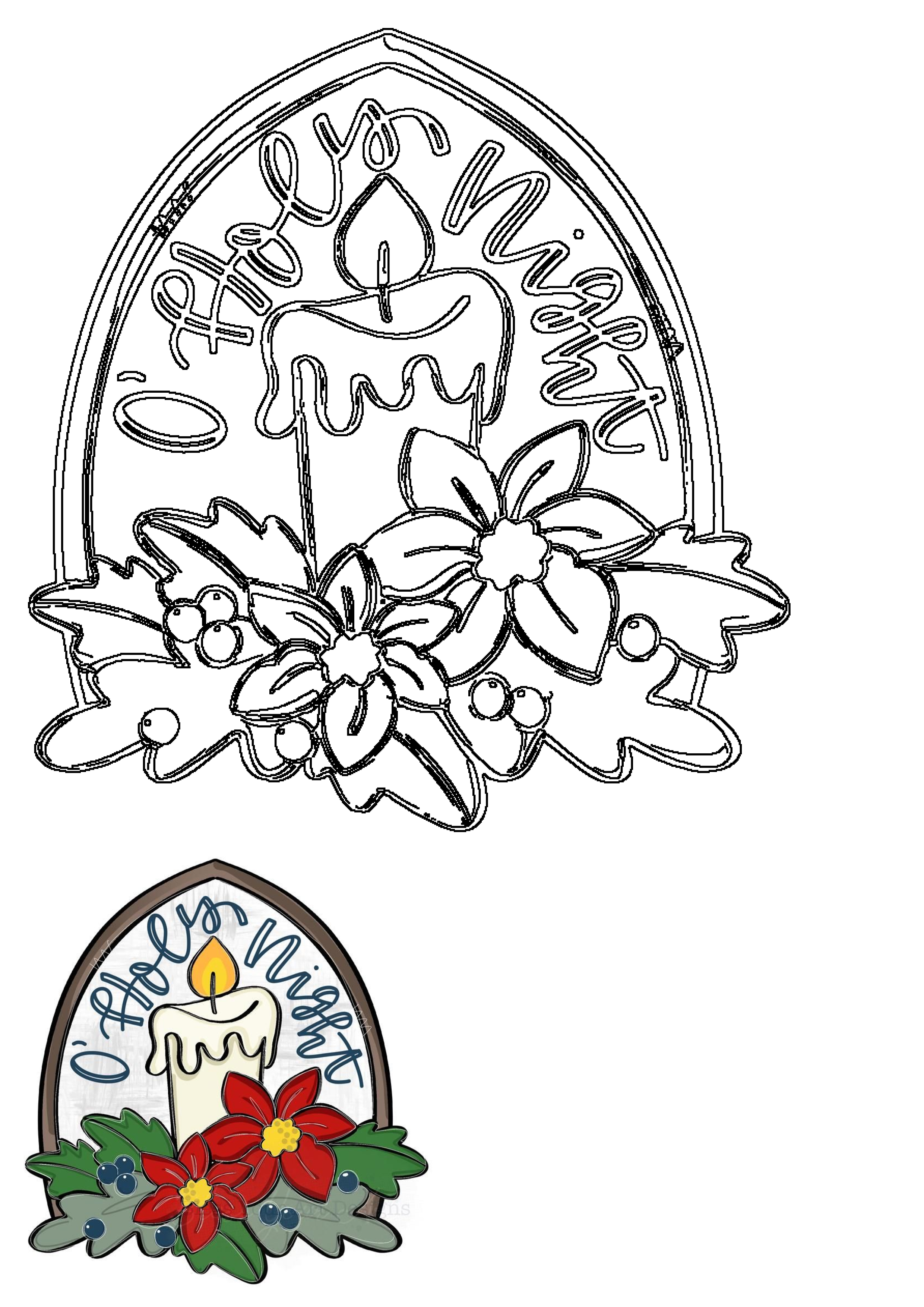 O Holy Night Christmas sign design featuring a glowing candle, vibrant red poinsettias, and festive holly berries.