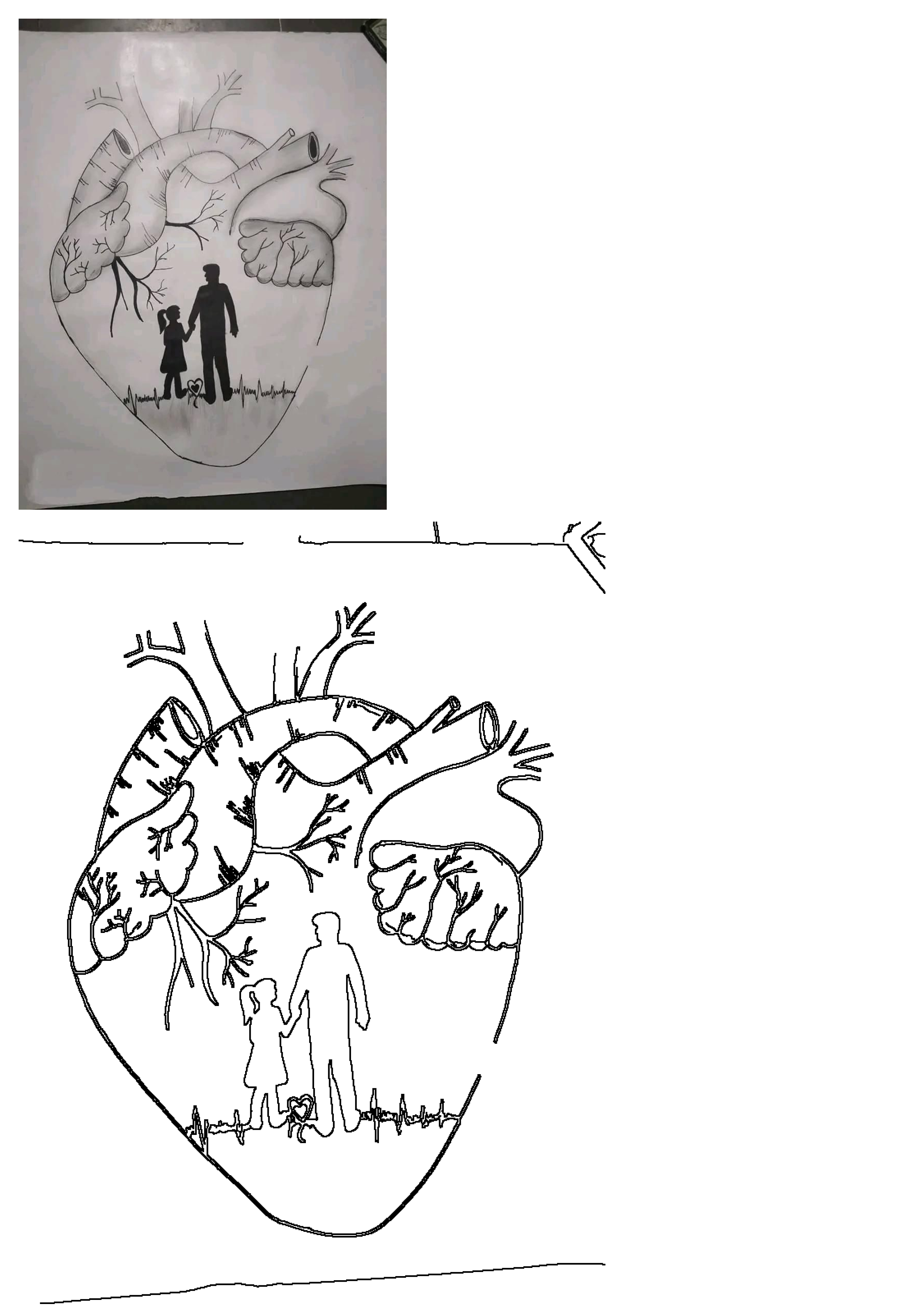 Sketch of father, daughter, and dog silhouettes inside an anatomical heart with a heartbeat line, symbolizing deep family love and precious bonds.