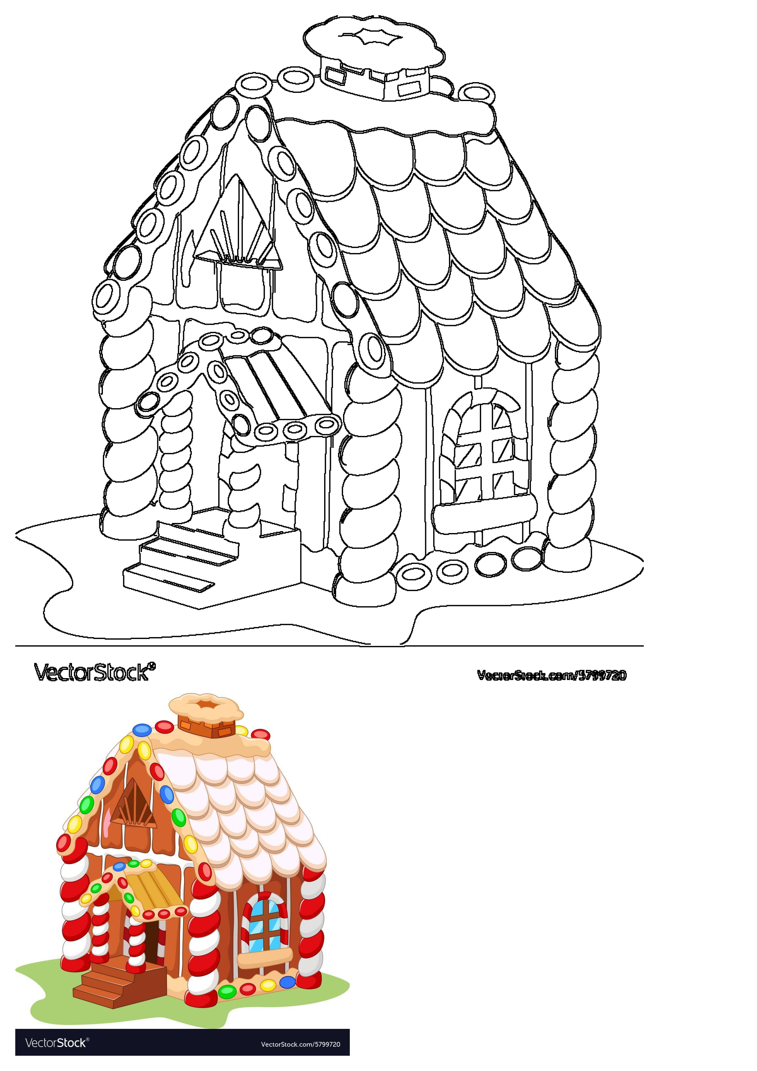 Festive gingerbread house featuring a black and white outline sketch and a vibrant, candy-decorated cartoon illustration for holidays.
