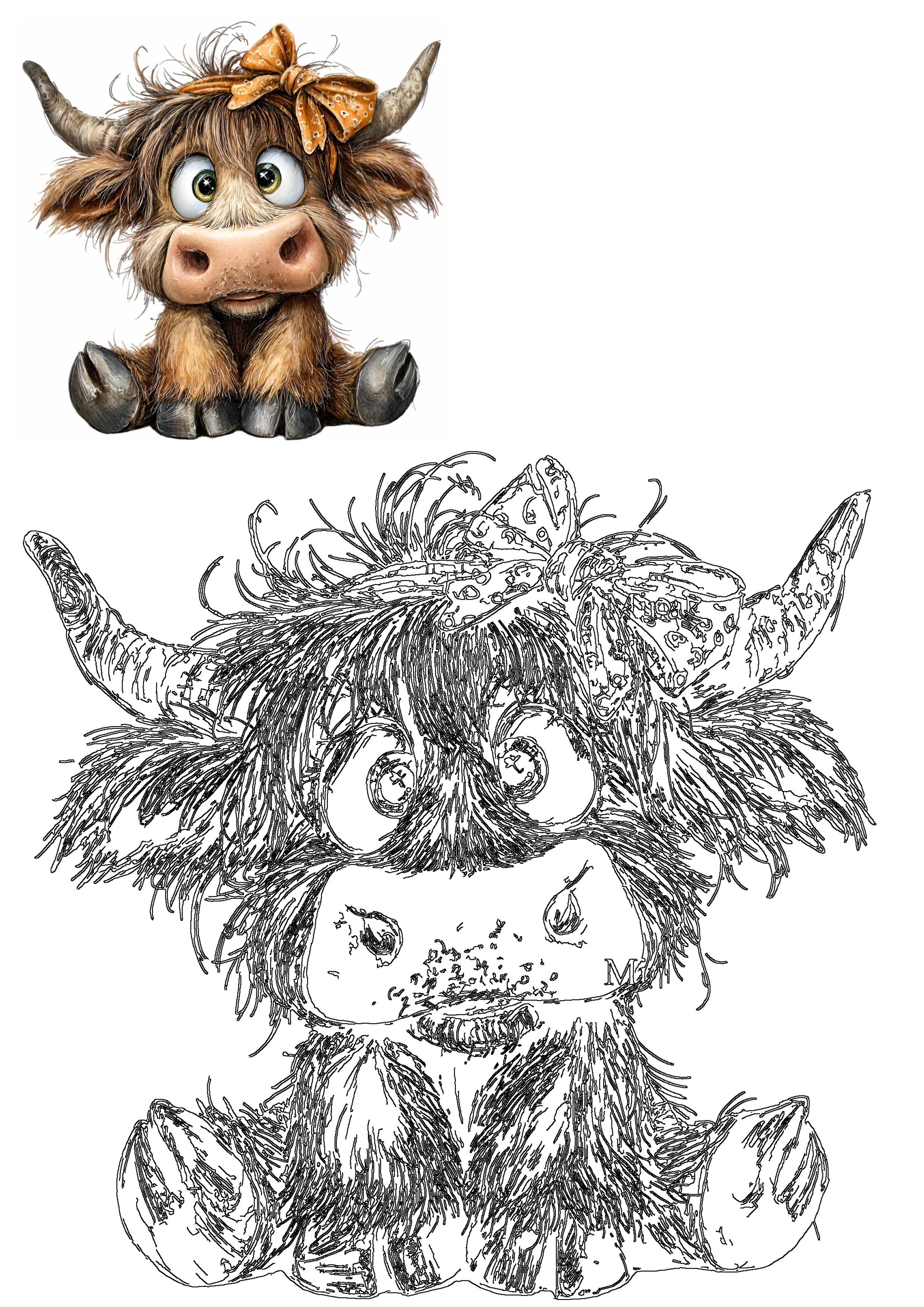 This cute Highland cow clipart features an adorable brown calf with an orange bow, ideal for nursery art and birthday decor. Includes line art version.