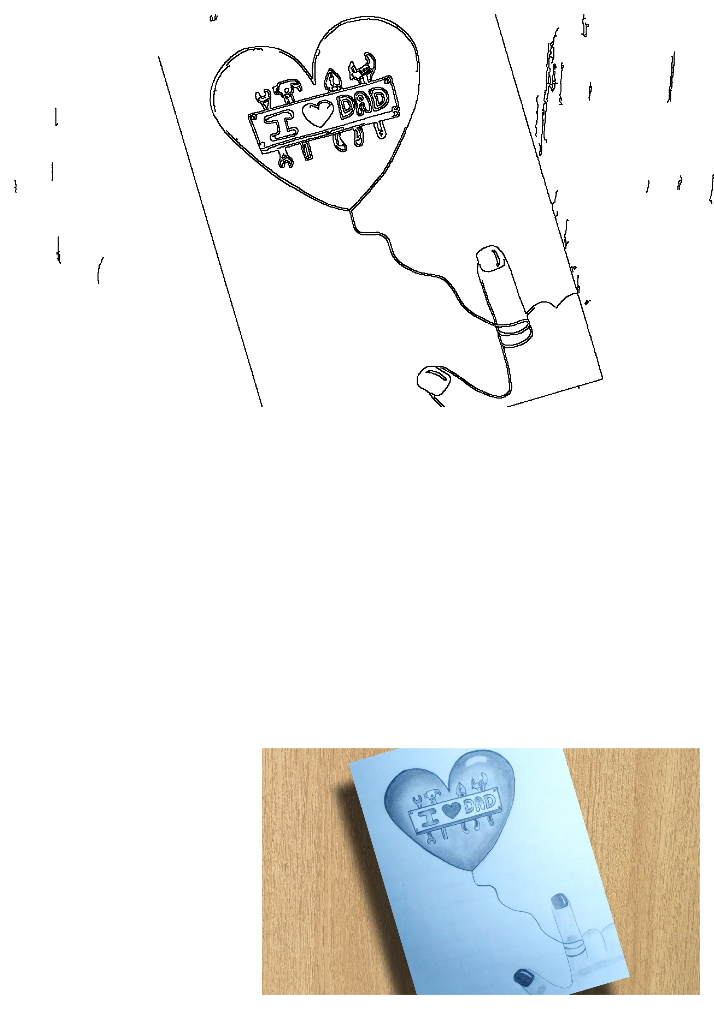 A heartfelt pencil drawing showing an 'I Love Dad' banner inside a heart balloon, surrounded by tools and gently held by a hand.