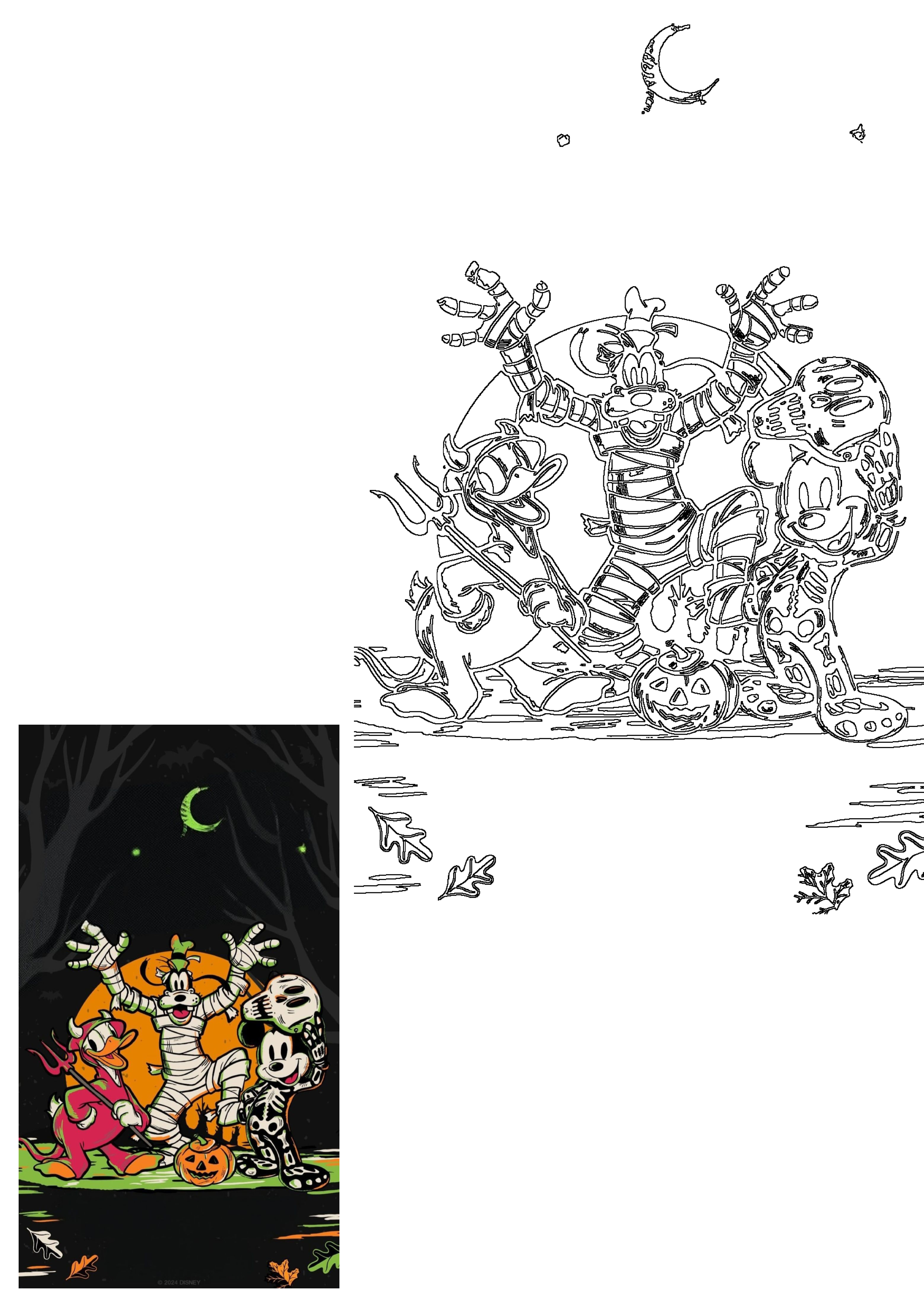 Mickey Mouse as a skeleton, Donald Duck as a devil, and Goofy as a mummy celebrate Halloween night with a jack-o'-lantern.