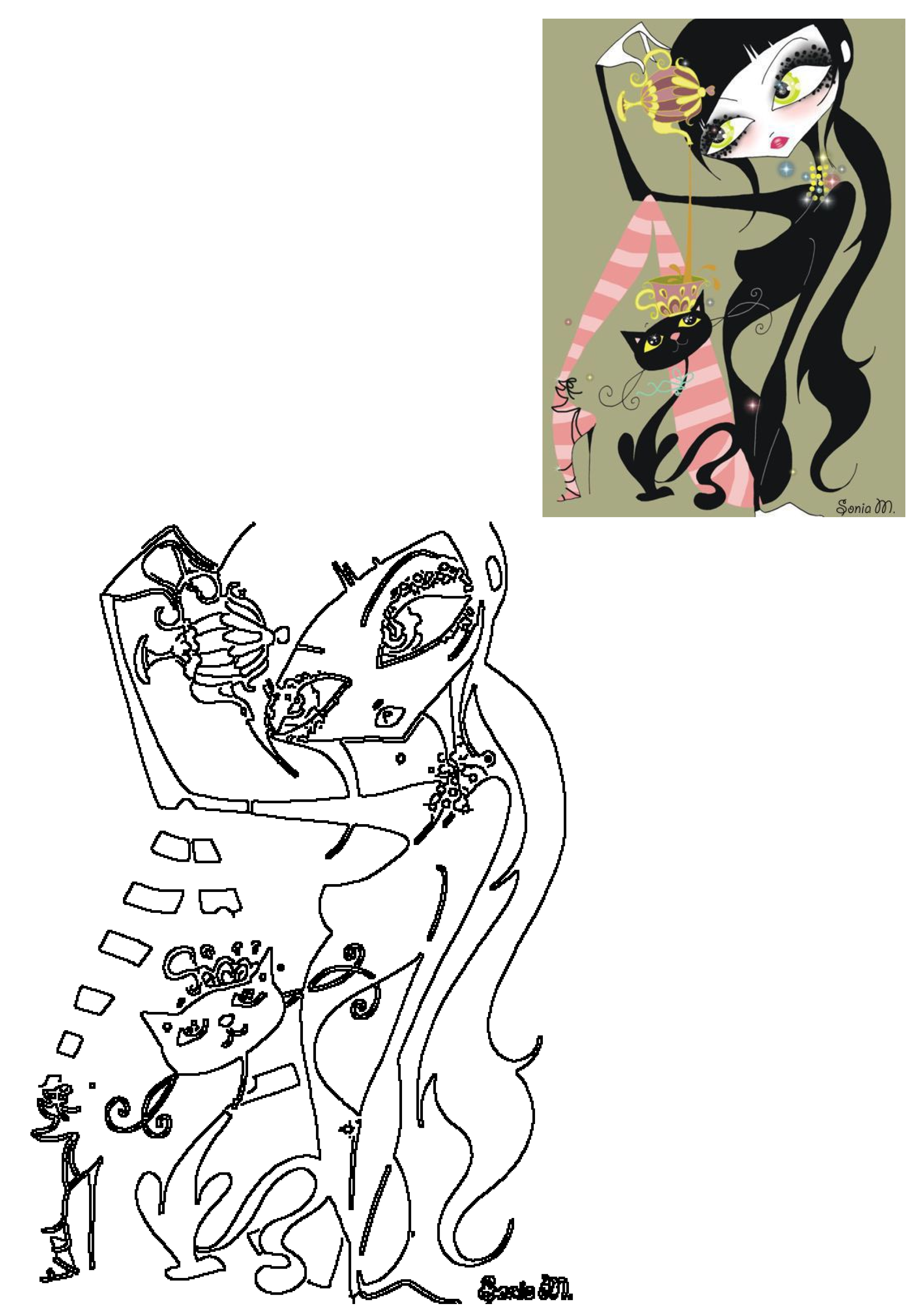 Sonia Menti's funky girly illustration of a stylized woman pouring from a goblet to a crowned cat. Includes outline version for art.