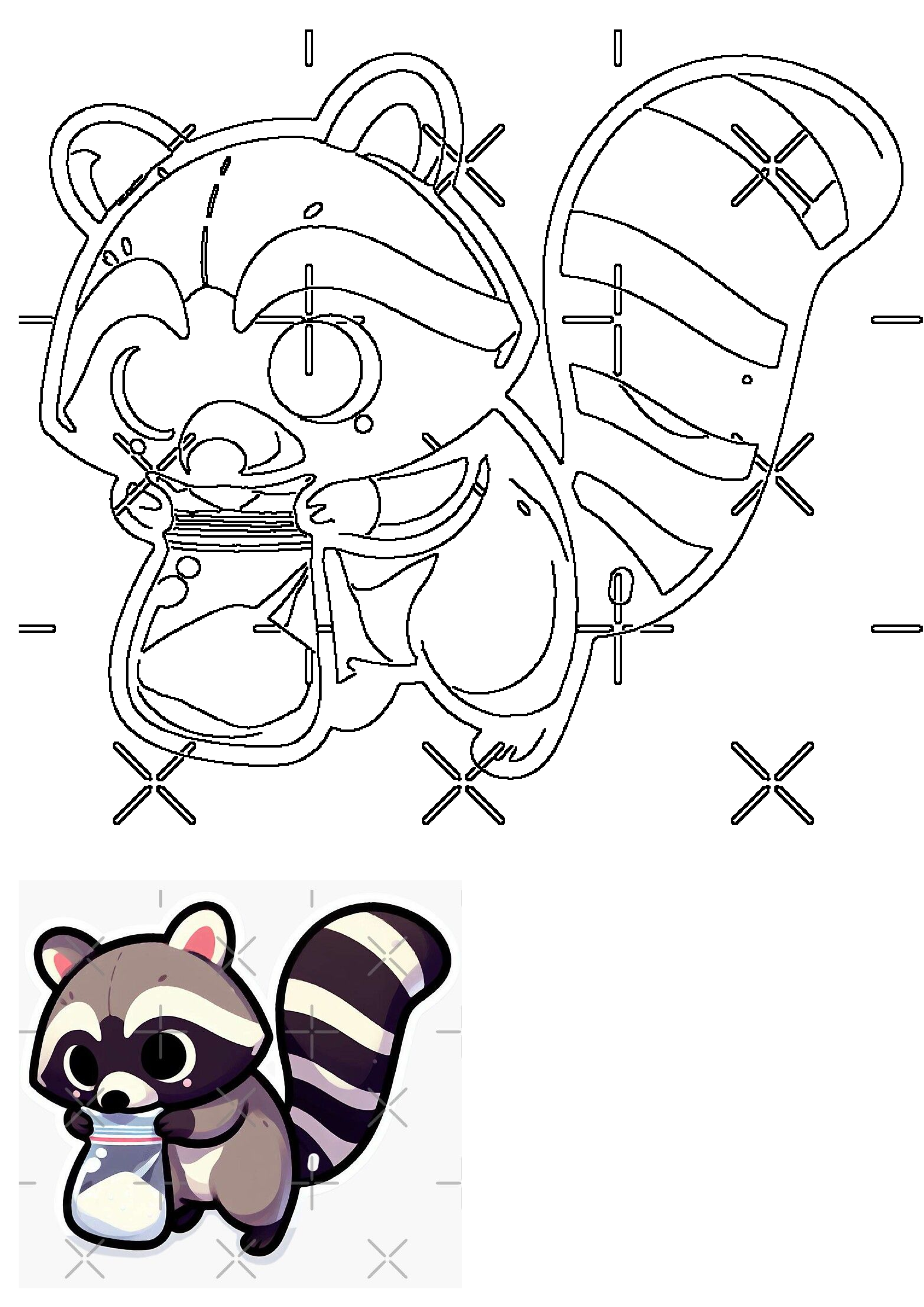 Cute cartoon raccoon with its distinctive mask and striped tail, clutching a milk jar; features a B&W outline and a colorful version.