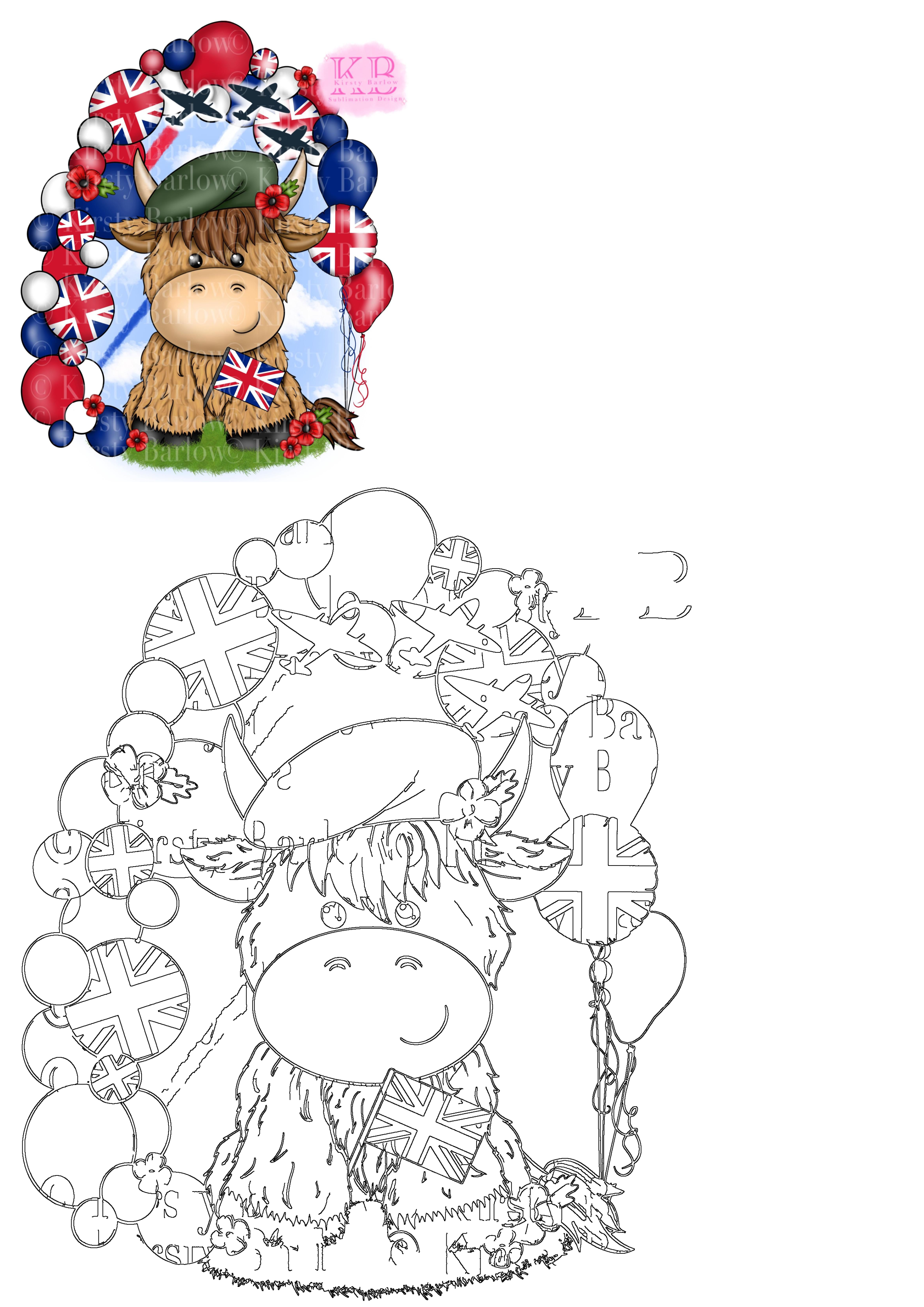 Cute patriotic Highland cow with a Union Jack flag, surrounded by British balloons, poppies, and Spitfire silhouettes.