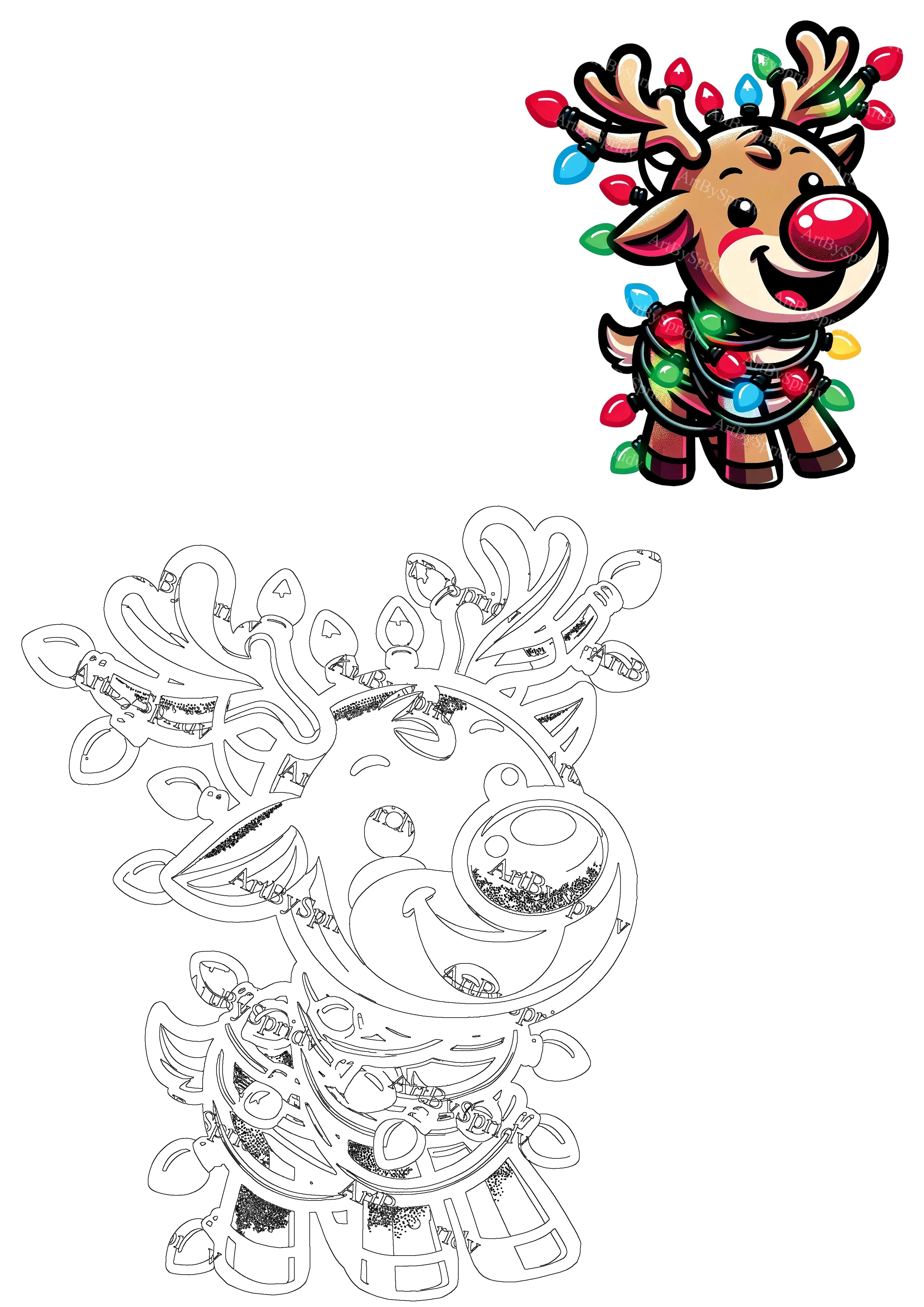 Happy cartoon Christmas reindeer illustration featuring bright holiday lights and a red nose, paired with a black and white outline.