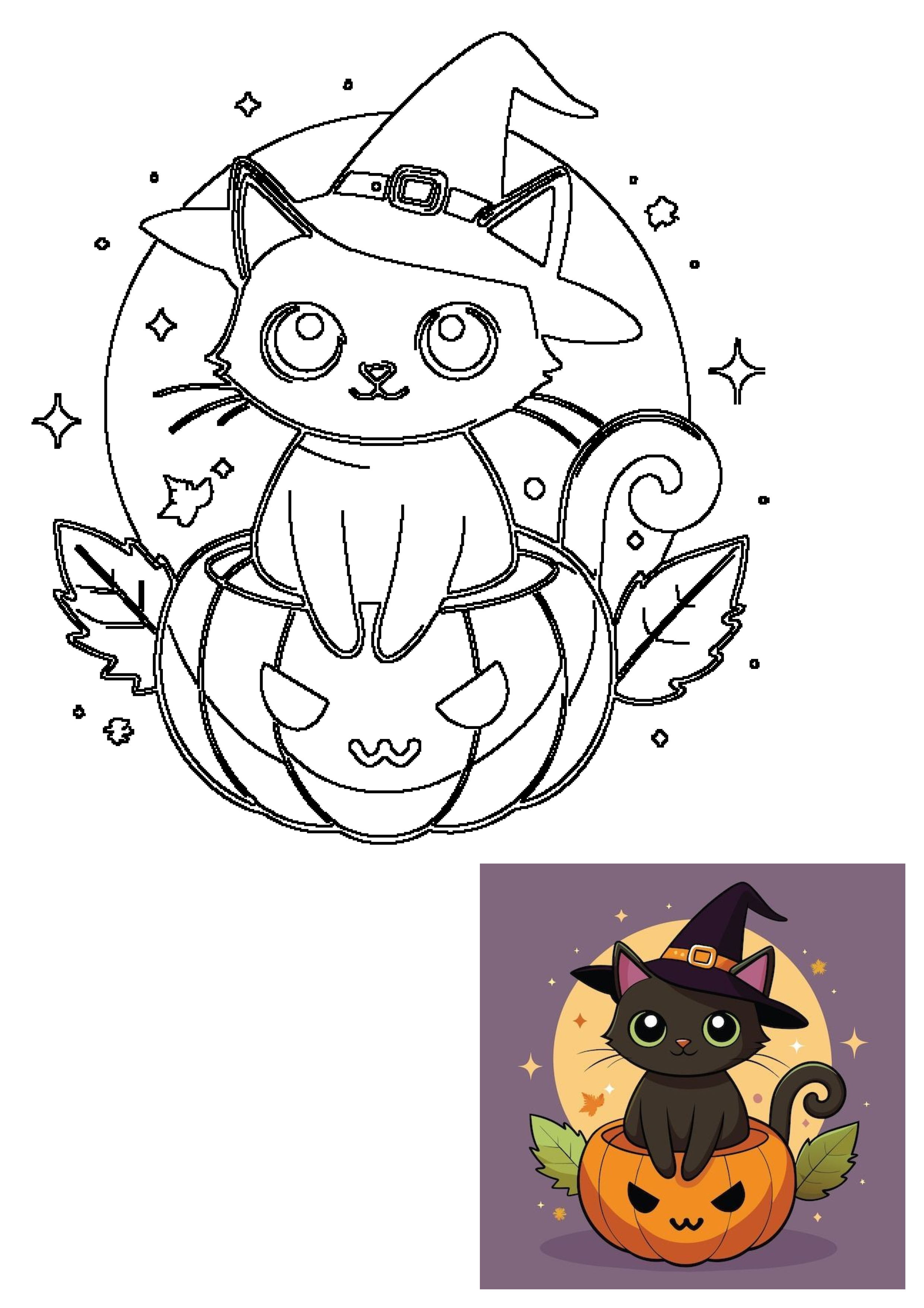 Cute Halloween cat in a pumpkin vector clipart, featuring a black and white line art of a witch cat in a jack-o-lantern with a moon and stars.