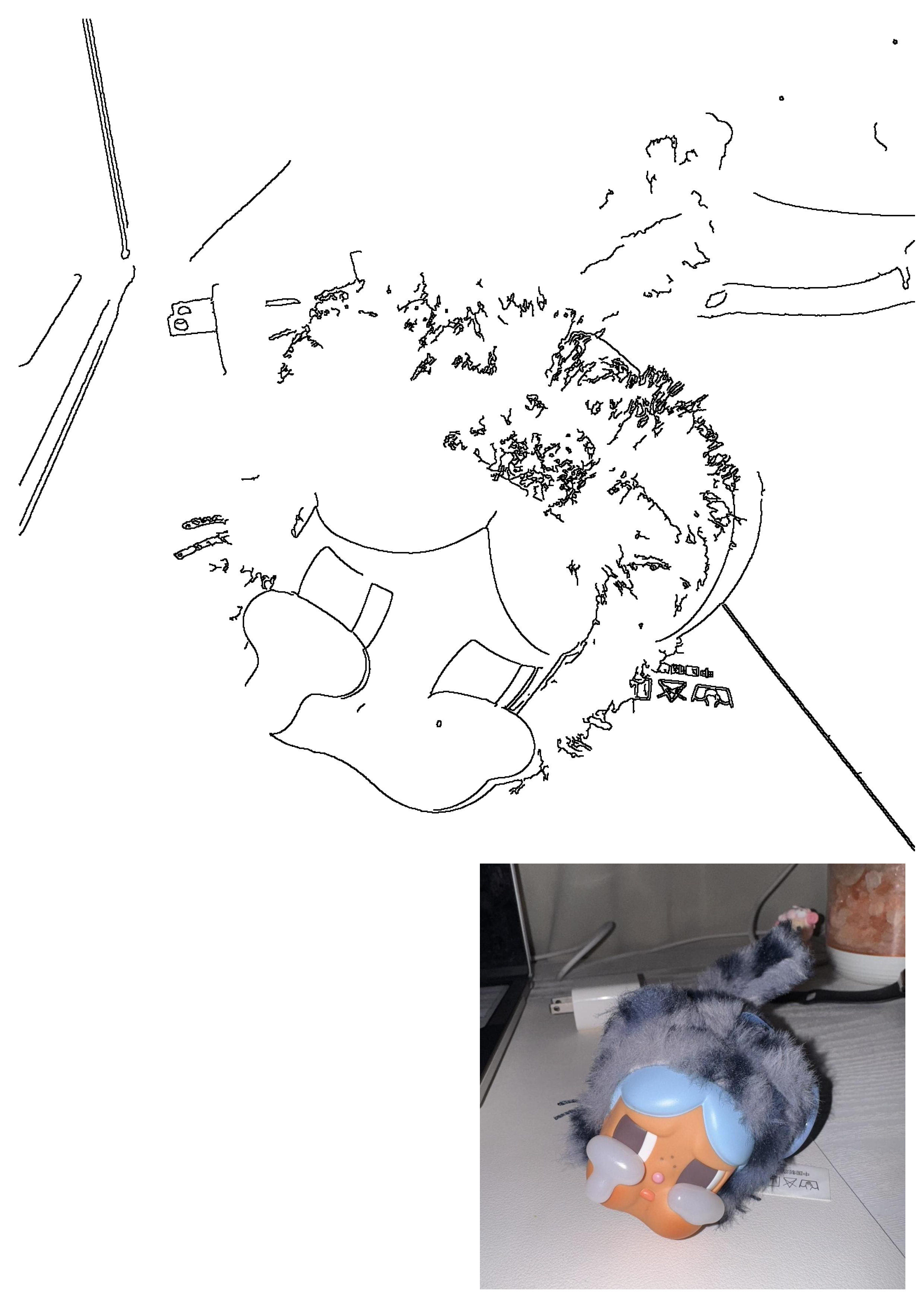 Line art of a cartoon character product pin with blue goggles and gray fur, depicting the outline of a cute plush toy.