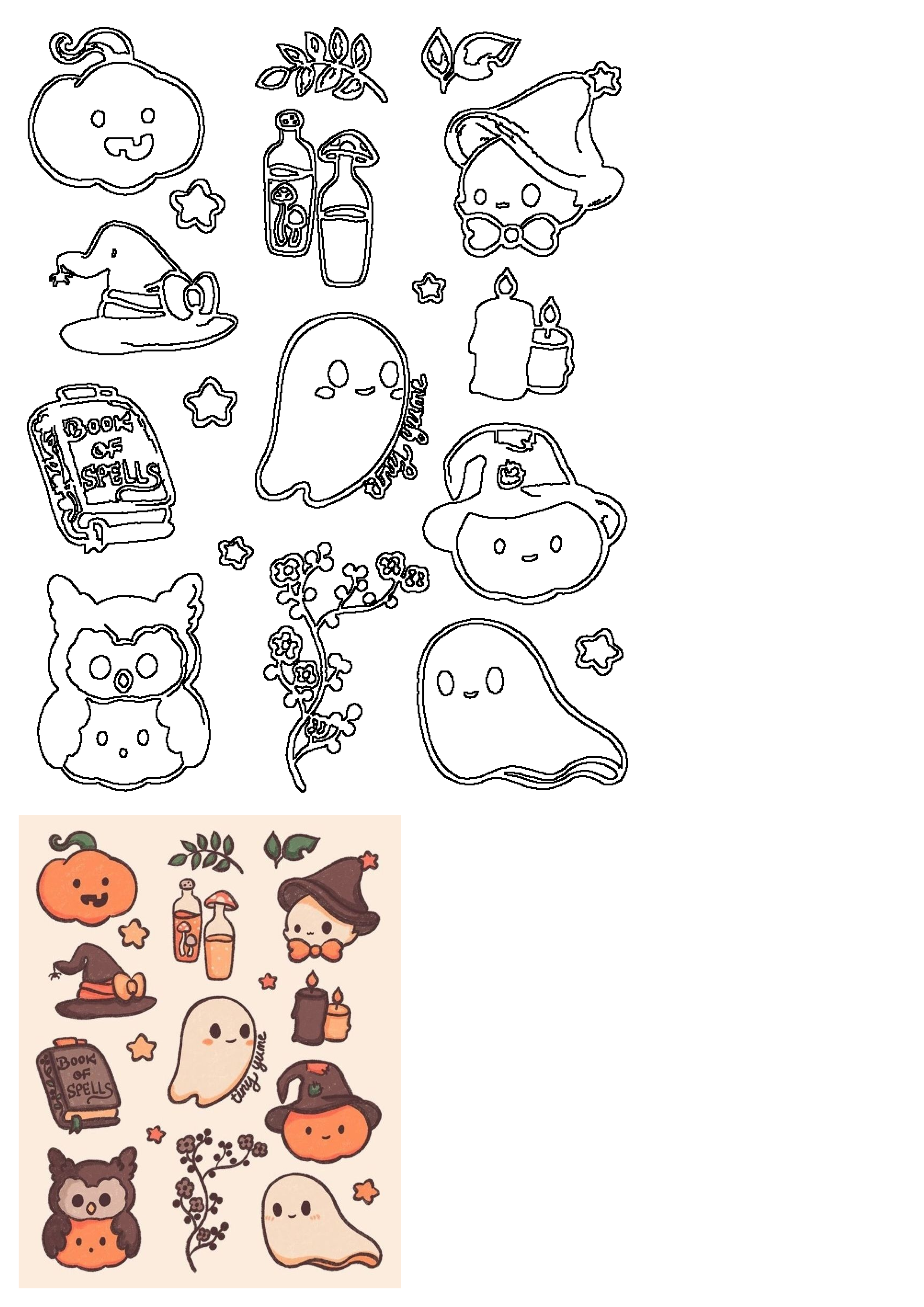 Cute Halloween illustration with adorable pumpkins, friendly ghosts, whimsical witch hats, a spell book, potion bottles, an owl, and stars.