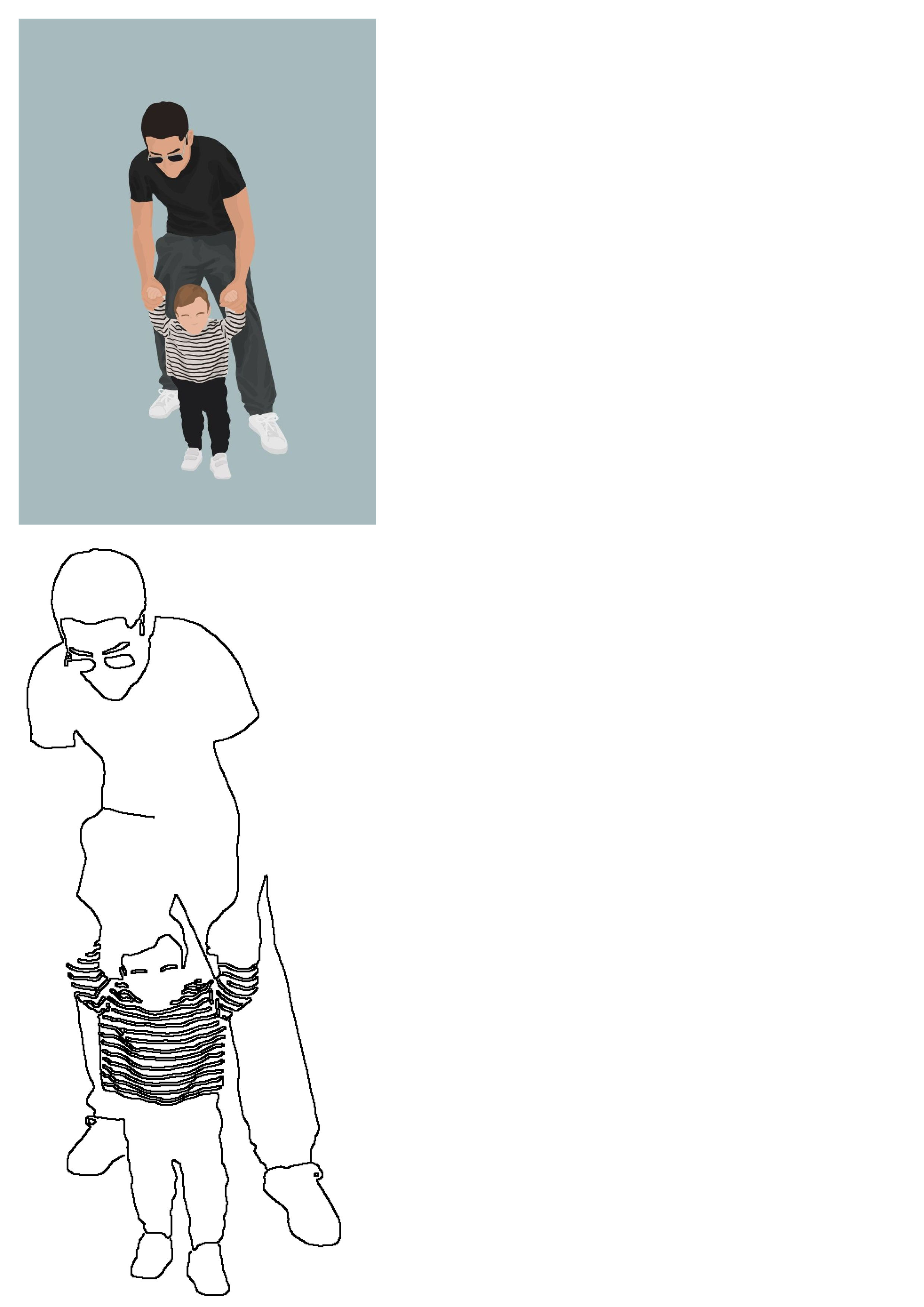 Dad helps his toddler take their first steps in a warm flat vector illustration, symbolizing growth, learning, and fatherly support.