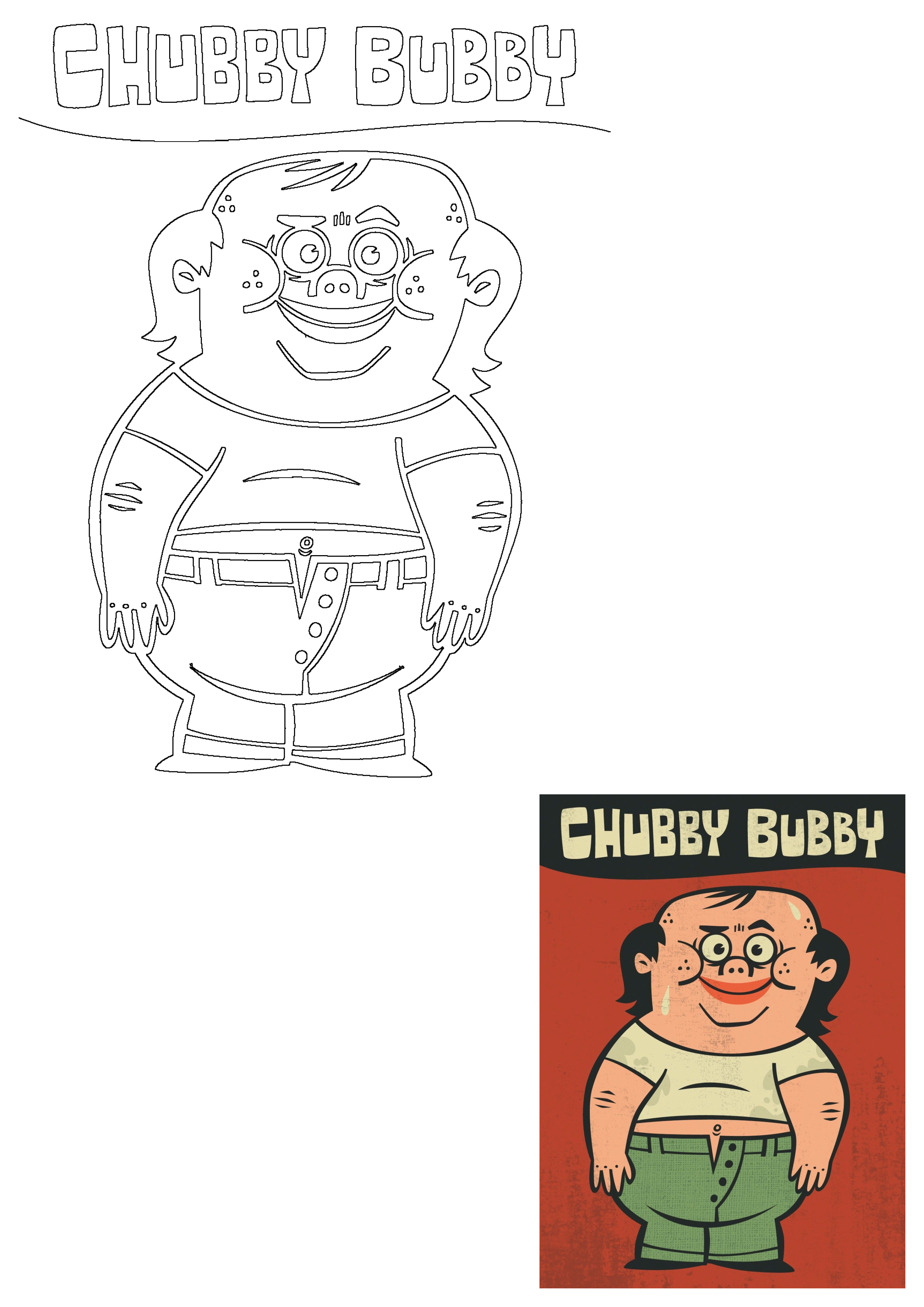 Chubby Bubby cartoon character illustration, featuring both a black and white line art version and a vibrant, full-color portrait.