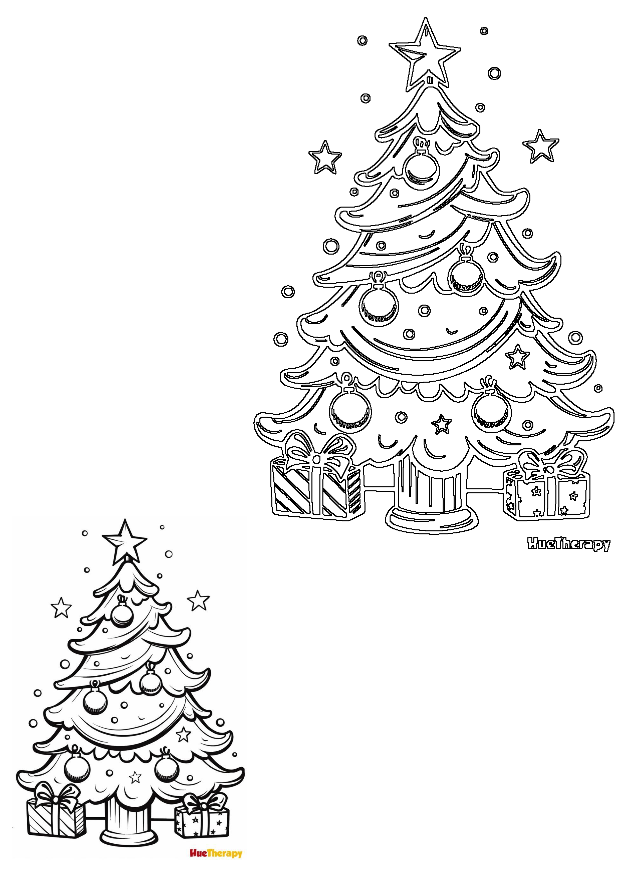 Two black and white outlines of festive Christmas trees adorned with ornaments, stars, and gifts, perfect for holiday crafts.