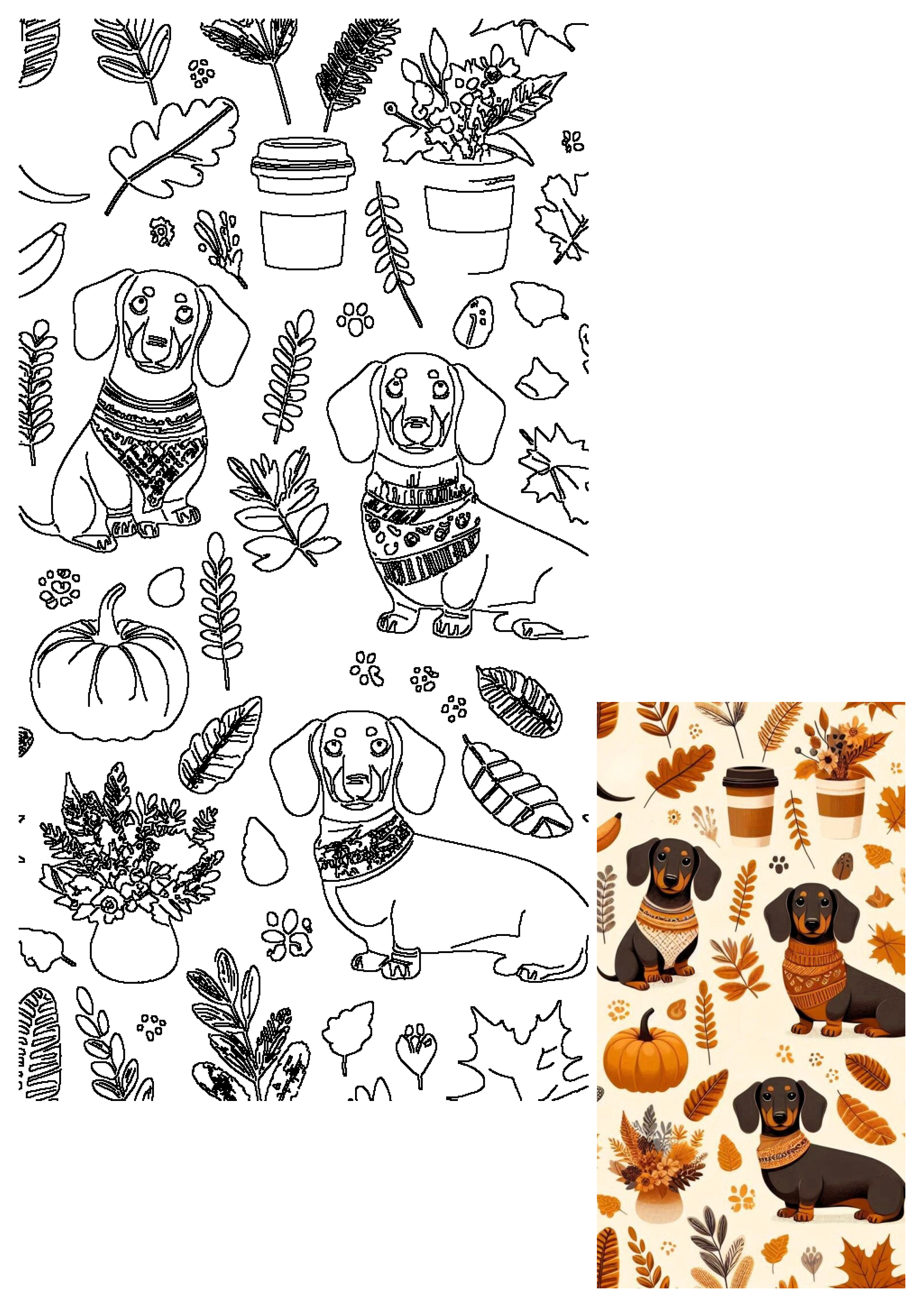 Seamless fall pattern with cute dachshunds, pumpkins, autumn leaves, coffee cups, and floral arrangements on a cream background.