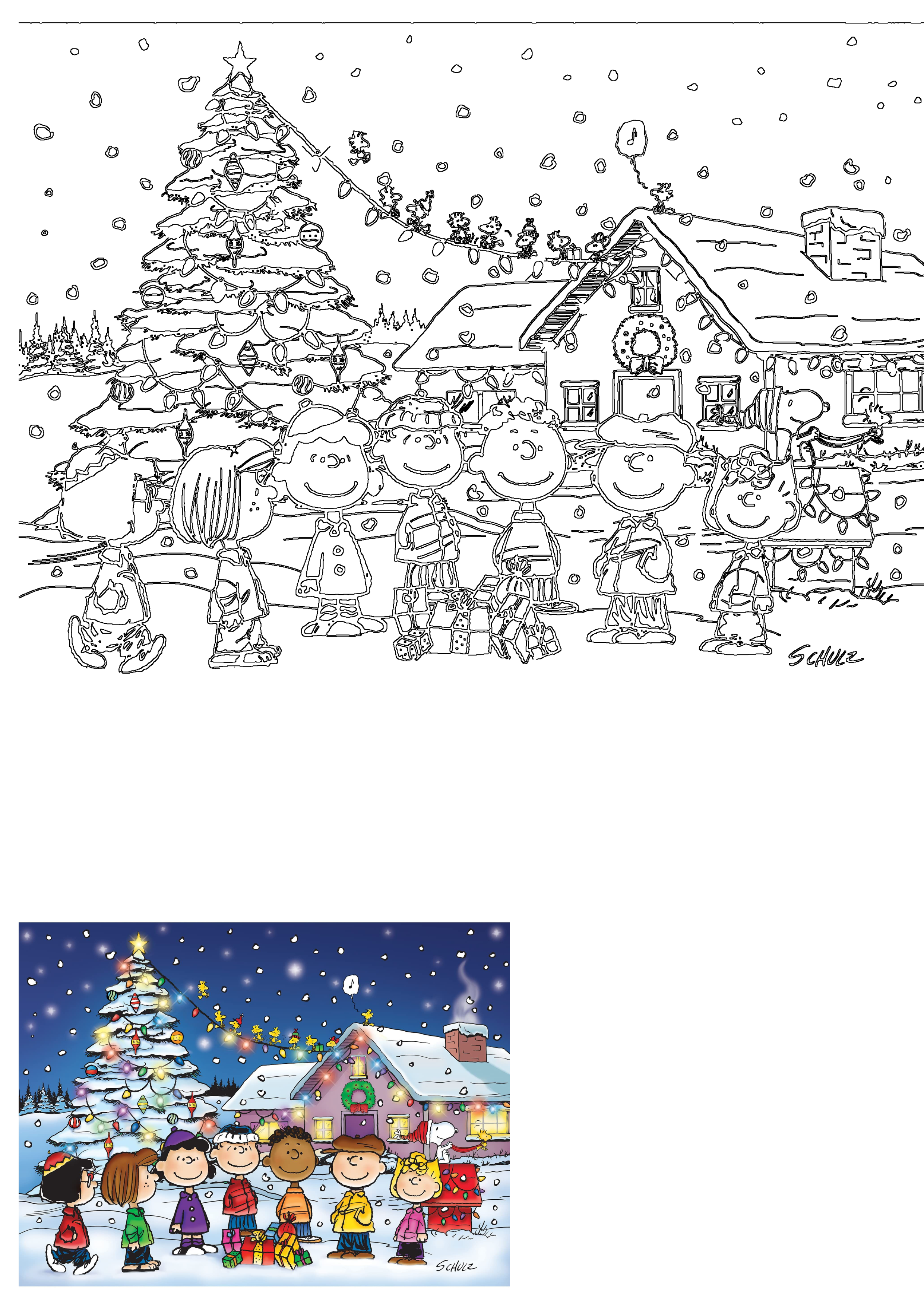 Snoopy, Charlie Brown, and the Peanuts gang celebrate Christmas outdoors in a snowy scene with a decorated tree, house, and gifts.