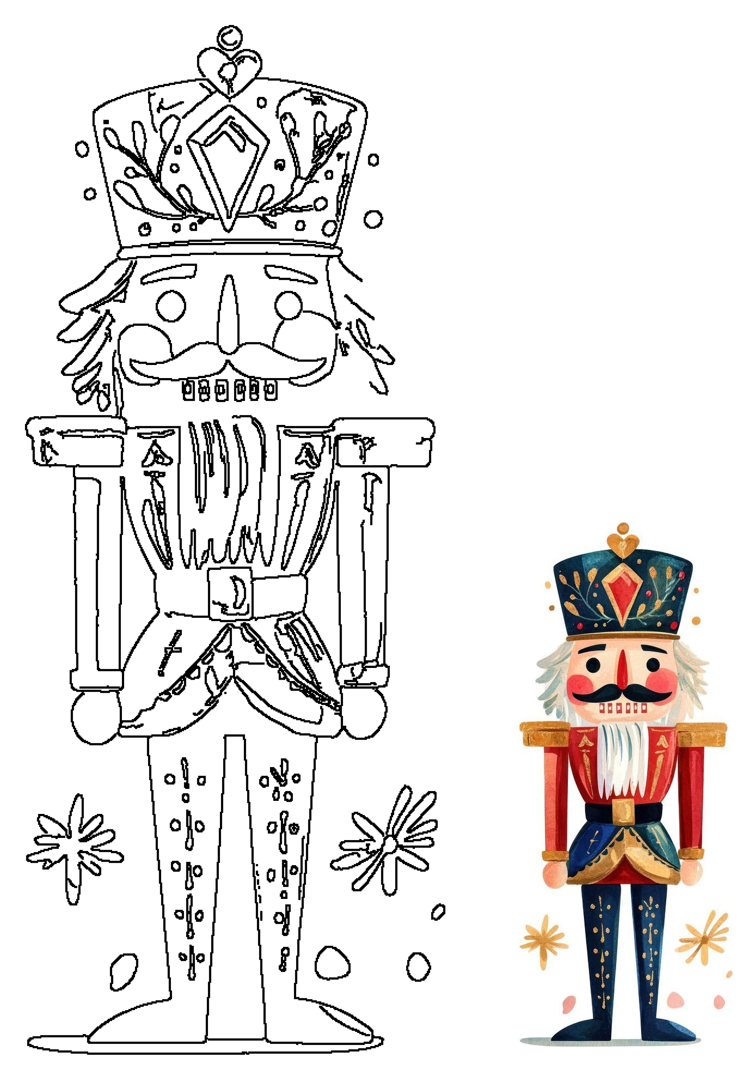 Vibrant watercolor nutcracker illustration alongside its black outline. Ideal for holiday crafts, Christmas themes, and festive designs.