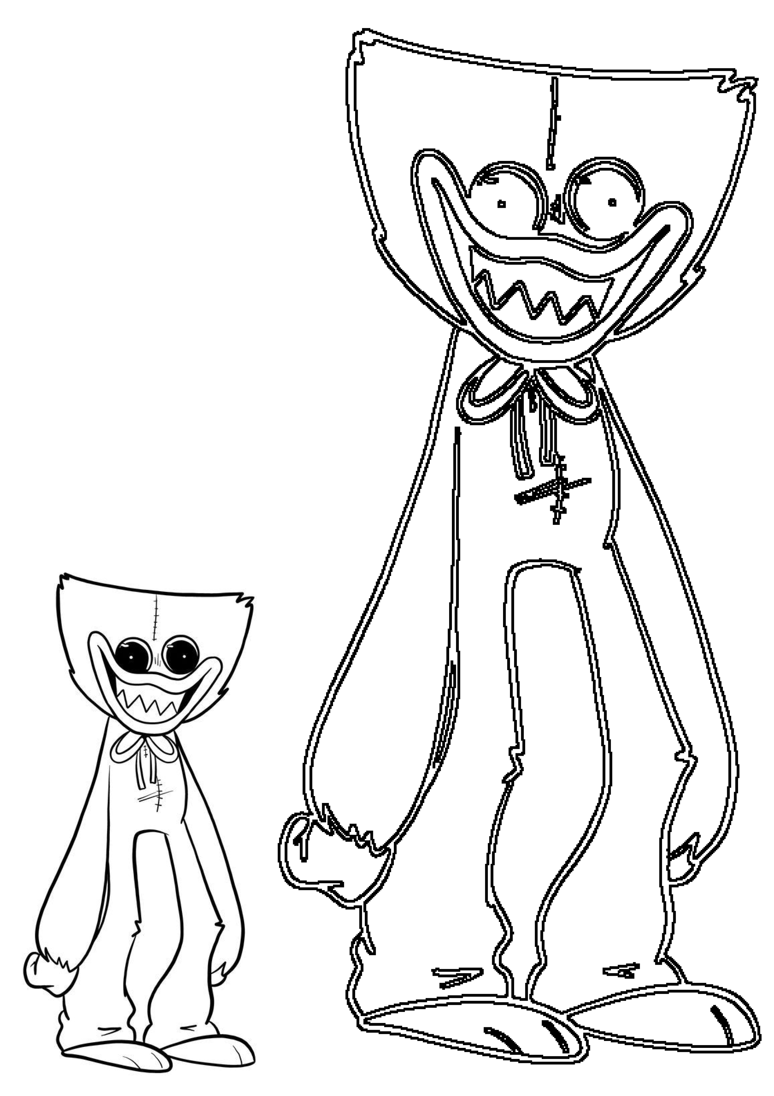 Huggy Wuggy character line art featuring a large and small version, ready to be colored. Depicts their cute and scary essence from Poppy Playtime.