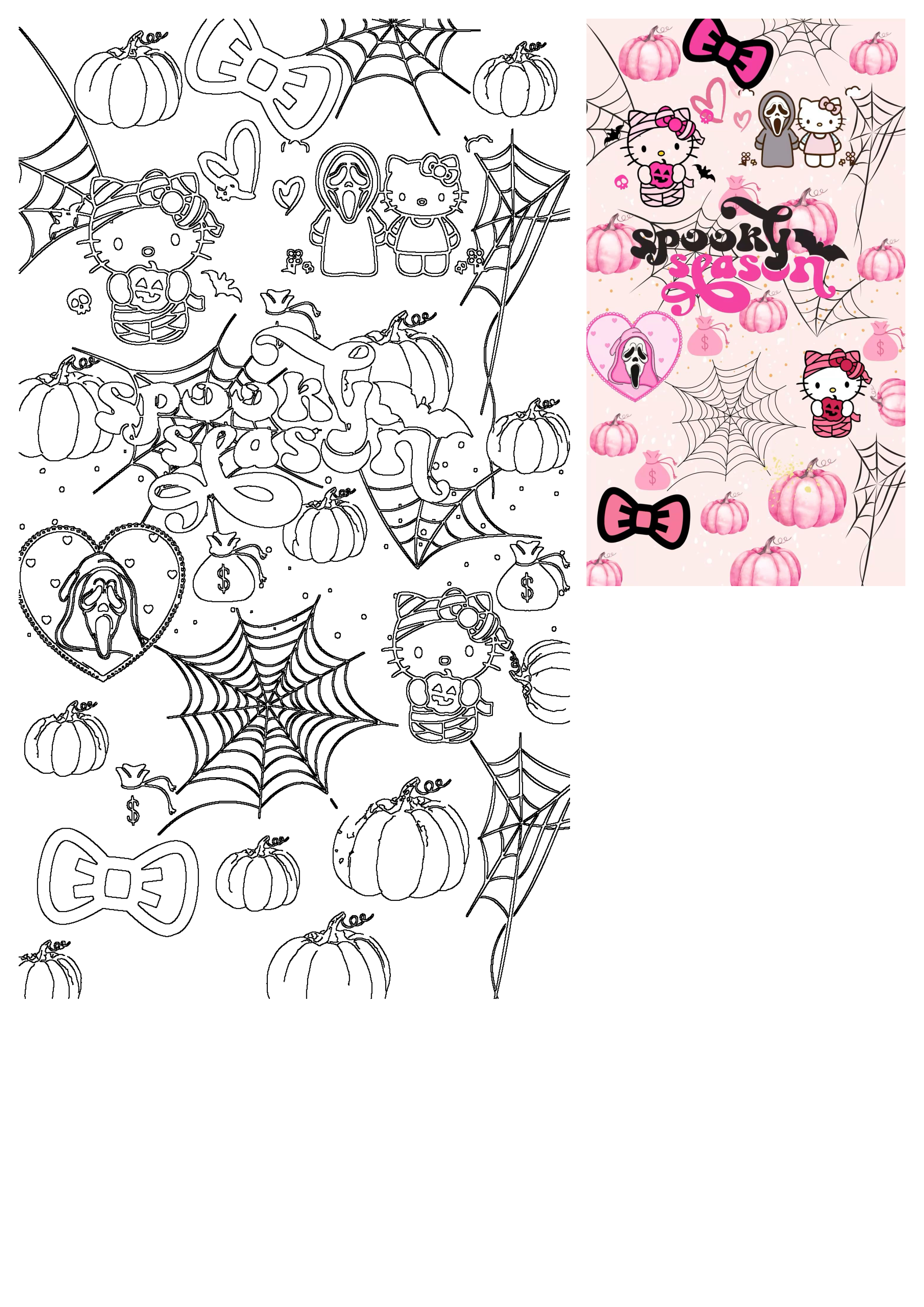 Cute Hello Kitty and Ghostface Halloween pattern featuring mummy Hello Kitty, pink pumpkins, spiderwebs, and Spooky Season text.