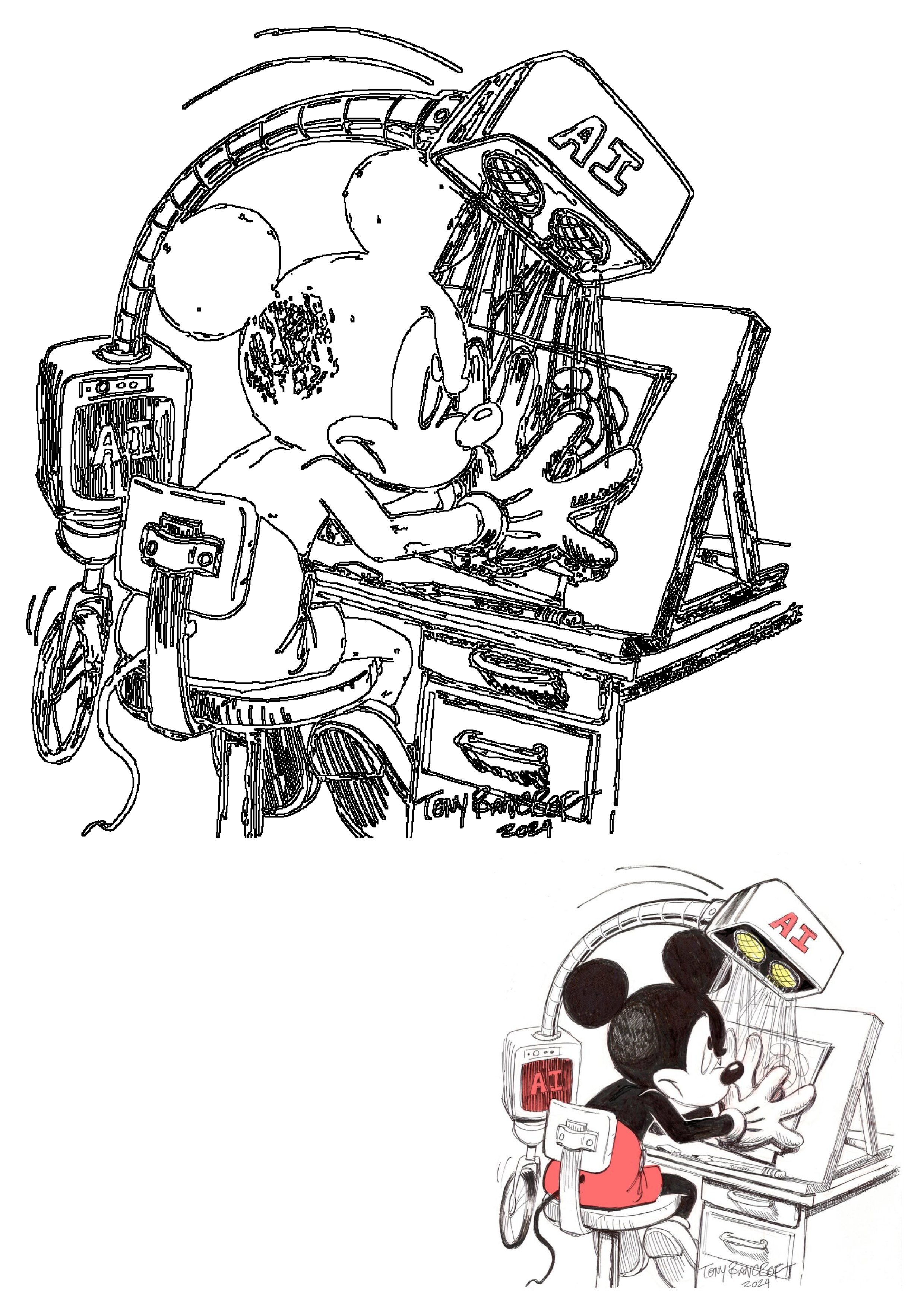 Mickey Mouse utilizing artificial intelligence for illustration design, drawing at a desk with an AI-labeled lamp and monitor.